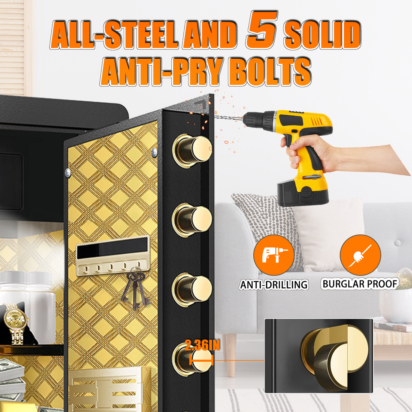 BM 5.5 Cuft Large Home Safe Fireproof Waterproof, Anti-Theft Money Safe Box with Removable Shelf & Dual Alarm System, Digital Security Document Safe for Home Business Office, Gold