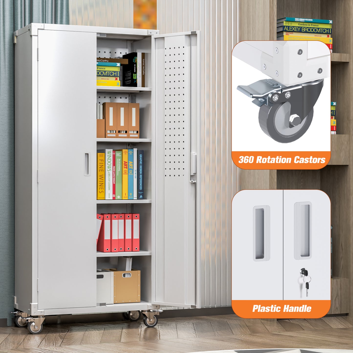 Metal Garage Cabinets with Wheels, 72" Rolling Storage Cabinet with Pegboards and Shelves, Tall Tool Cabinet with Locking Doors for Garage,Home Office,Warehouse(White)