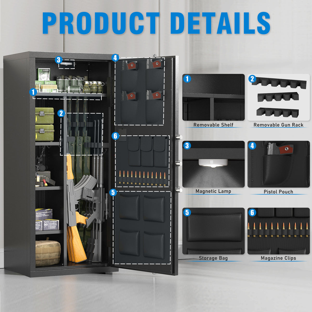 OME AKG5-D 15-20 Gun Safe, Large Gun Safe for Pistols, Unassembled Gun Cabinet with Adjustable Shelf & Gun Rack, Gun Safe for Home and Shotgun, Quick Access Gun Cabinet with Mute Function & Dual Alarm