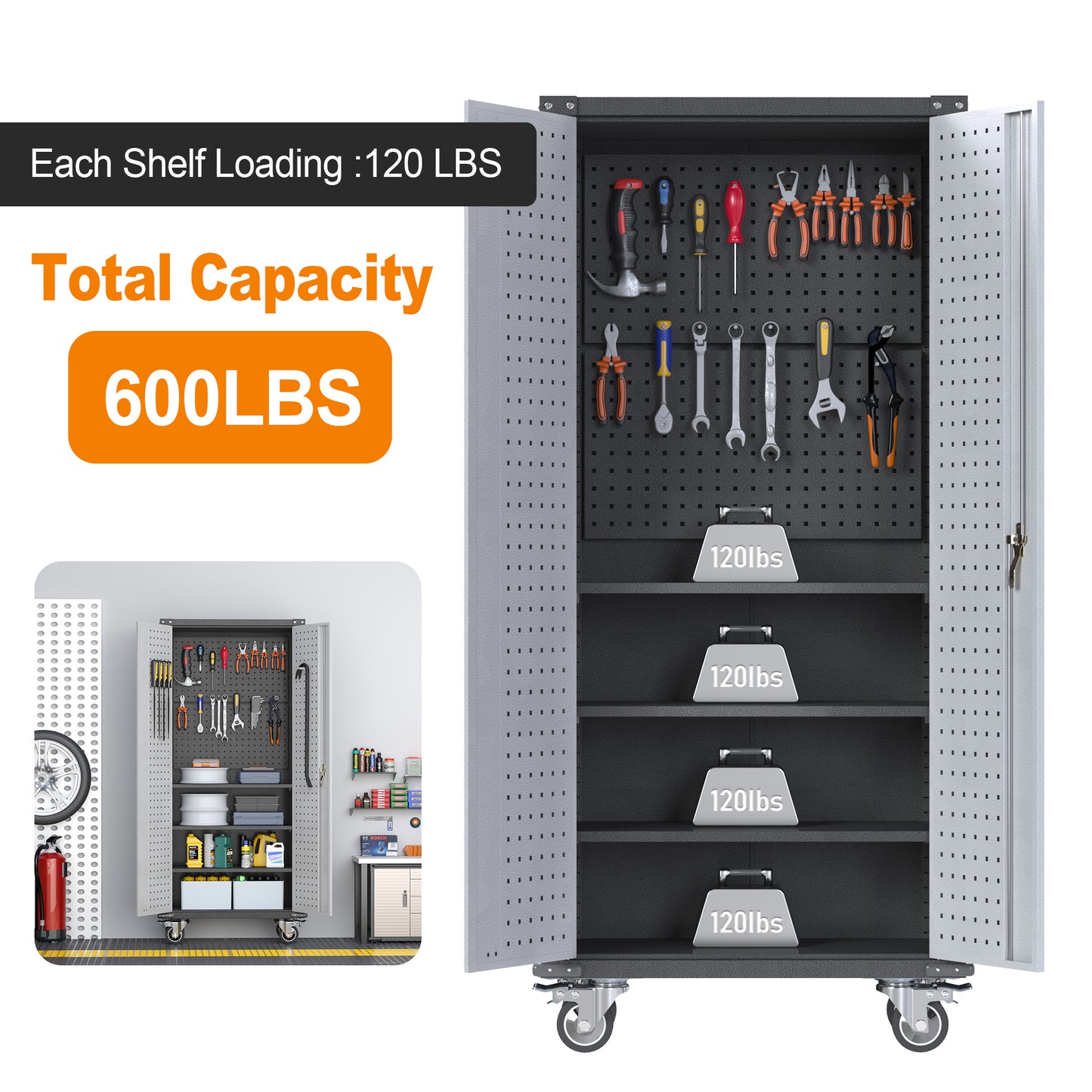 72'' Metal Storage Cabinet,Large Space Lockable Steel Storage Cabinet with 4 Adjustable Shelves and Single Handle,Two Doors Metal Cabinet for Home Garage Office,Assembly Required(Gery)