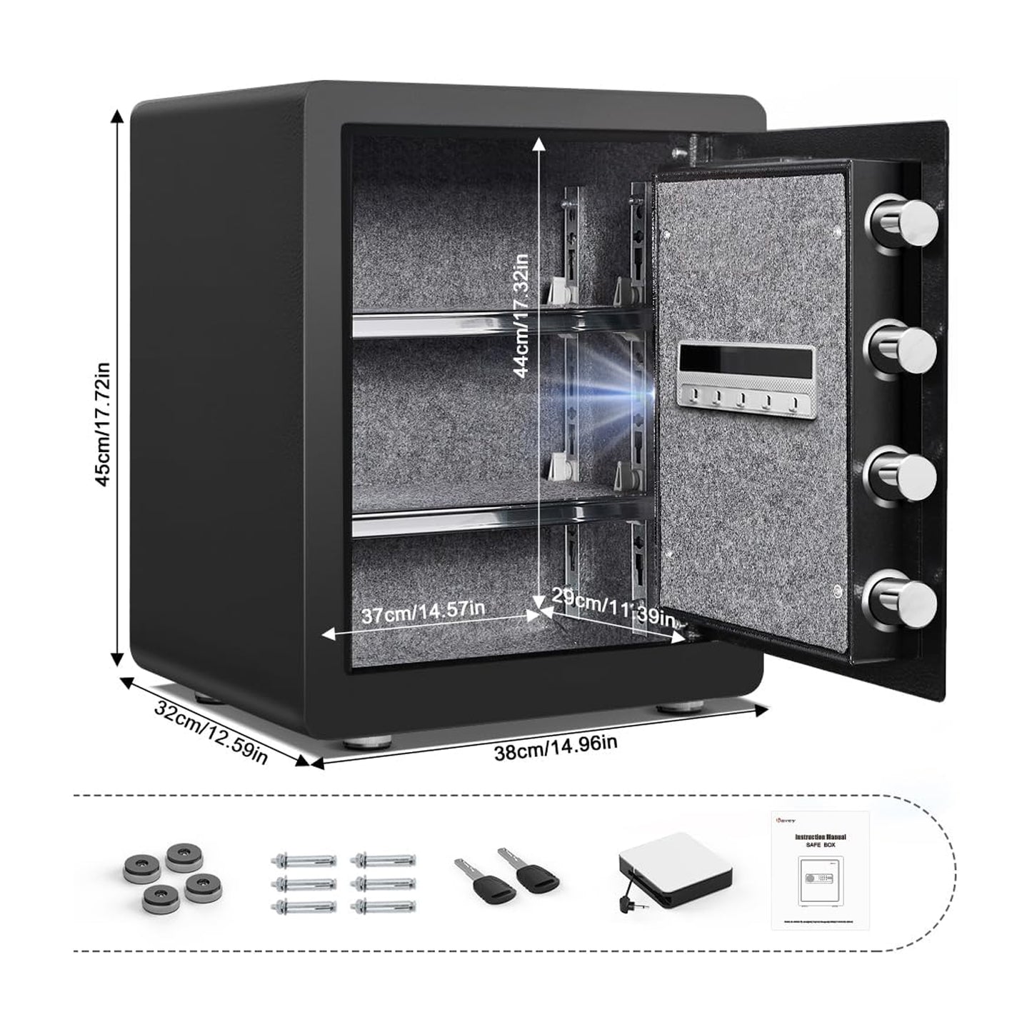 KAV KV-45 2.0 Cub Safe Box, Digital Home Safe with Two Removable & Adjustable Shelf, Safe for Home with Mute Mode & Dual Alarm, Money Safe Box with 4 Solid Living Bolts and Velvet Interior
