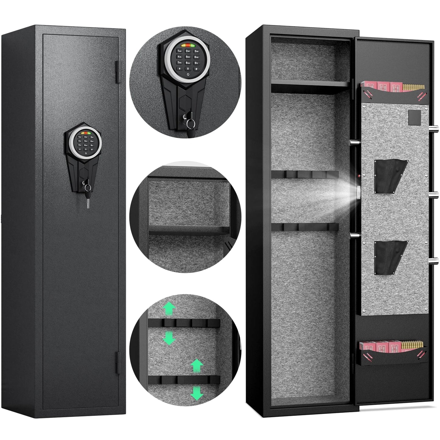 Riflevault 2-3 Biometric Fingerprint Gun Safe for Guns and Pistols, Quick Access Gun Safe with Silent Mode and Alarm System, Gun Cabinet with Removable Shelf and 2 Adjustable Gun Slots