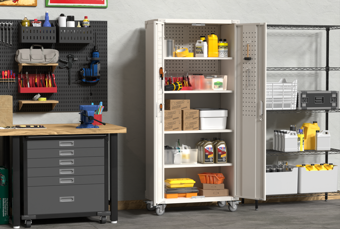 Metal Garage Cabinets with Wheels, 72" Rolling Storage Cabinet with Pegboards and Shelves, Tall Tool Cabinet with Locking Doors for Garage,Home Office,Warehouse(White)