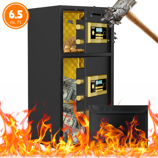 BM 6.5 Cuft Double-Door Large Home Safe Fireproof Waterproof, Anti-Theft Money Safe Box with Removable Shelf & Dual Alarm System, Digital Security Document Safe for Home Business Office, Gold