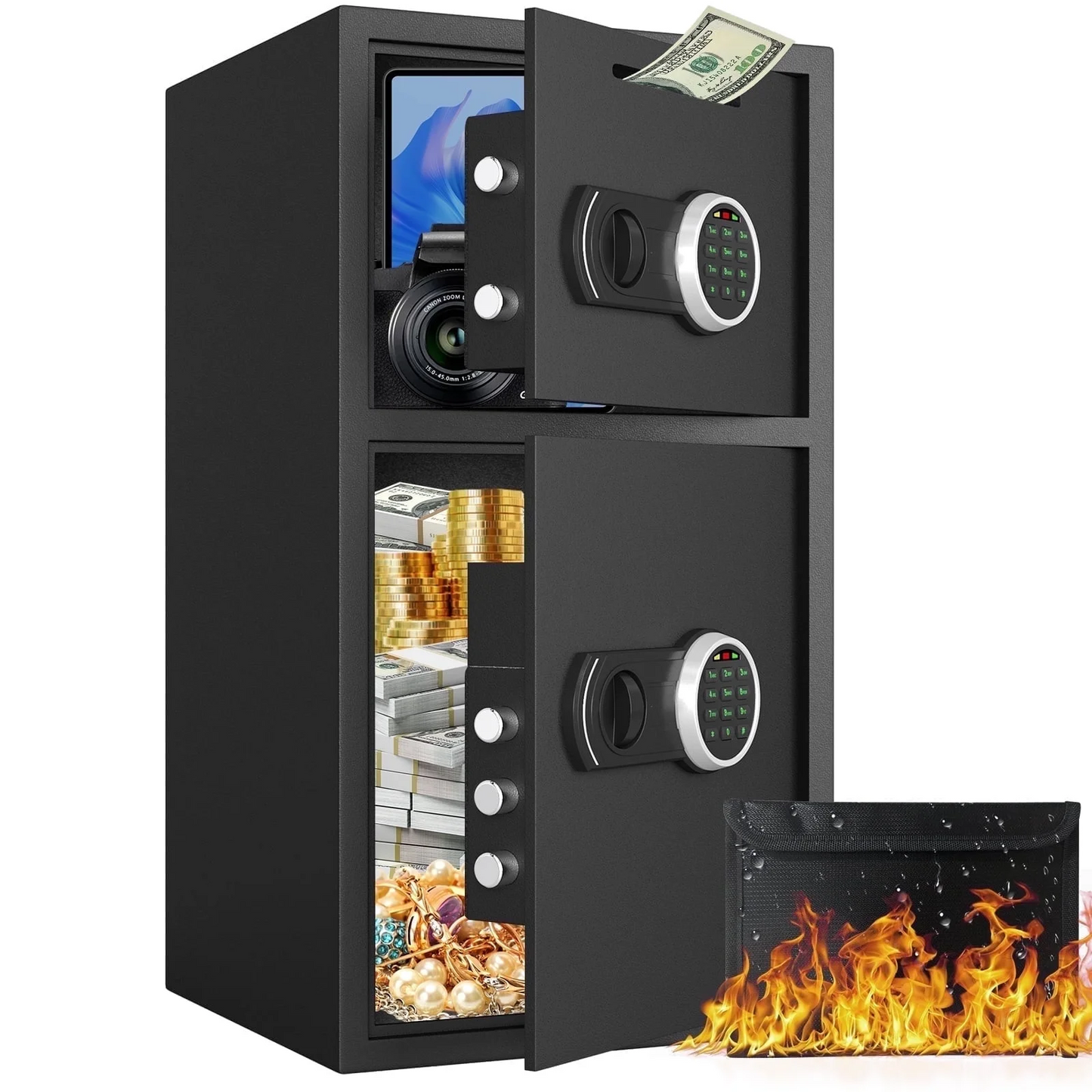 Home safe with fireproof safe box,digital home safe with deposit slot and metal storage box,personal document safe