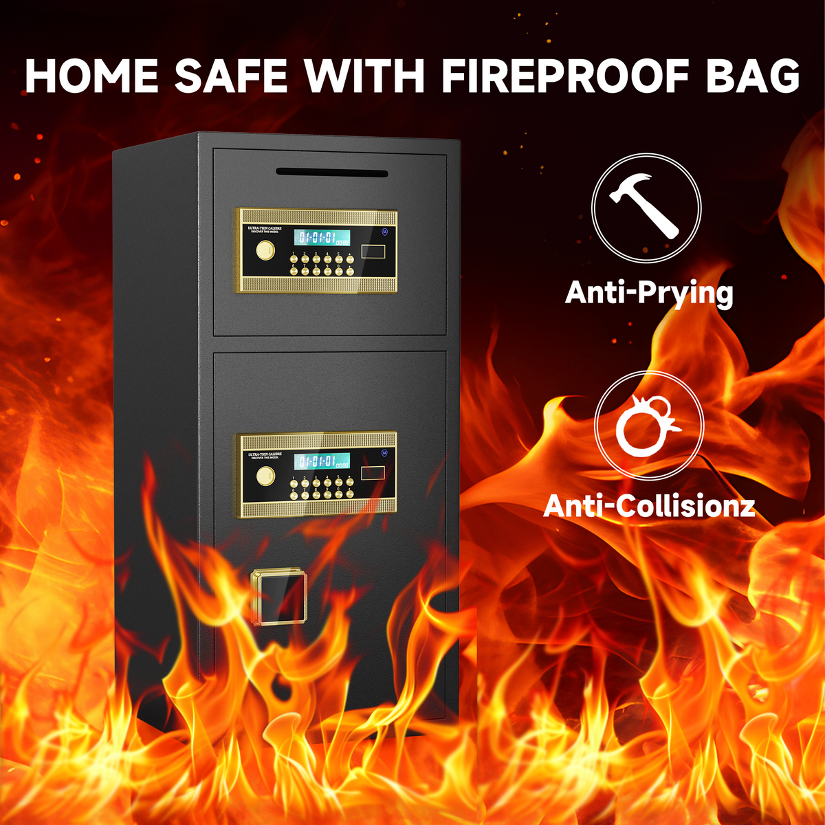 BM 6.5 Cuft Double-Door Large Home Safe Fireproof Waterproof, Anti-Theft Money Safe Box with Removable Shelf & Dual Alarm System, Digital Security Document Safe for Home Business Office, Gold