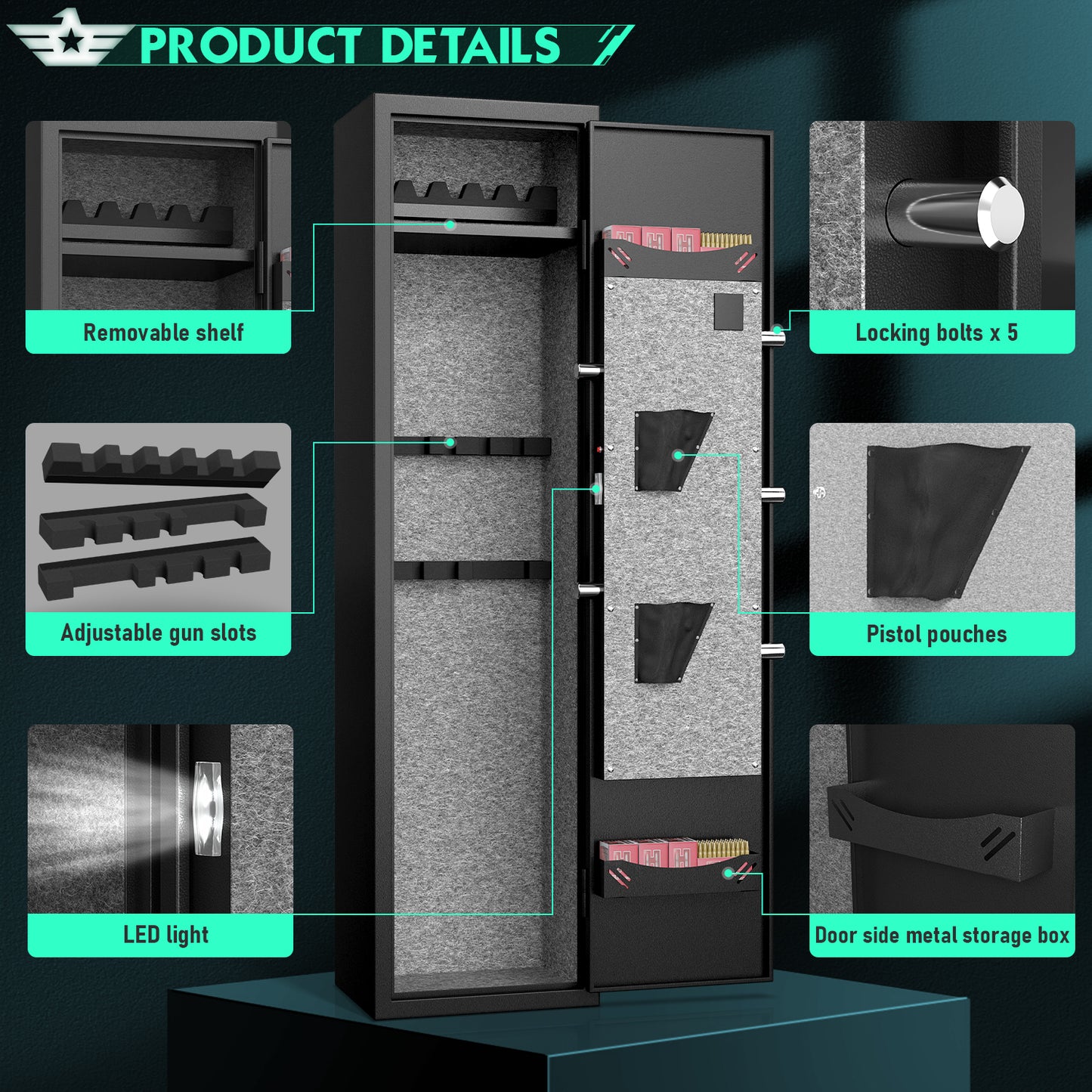 Gun Safe, 4-5 Gun Rifle Safe for Home Rifle and Pistols, Quick Access Gun Safes with Drawer, Removable Shelf and Pistol Bags, Digital Keypad Gun Safe with Adjustable Gun Rack