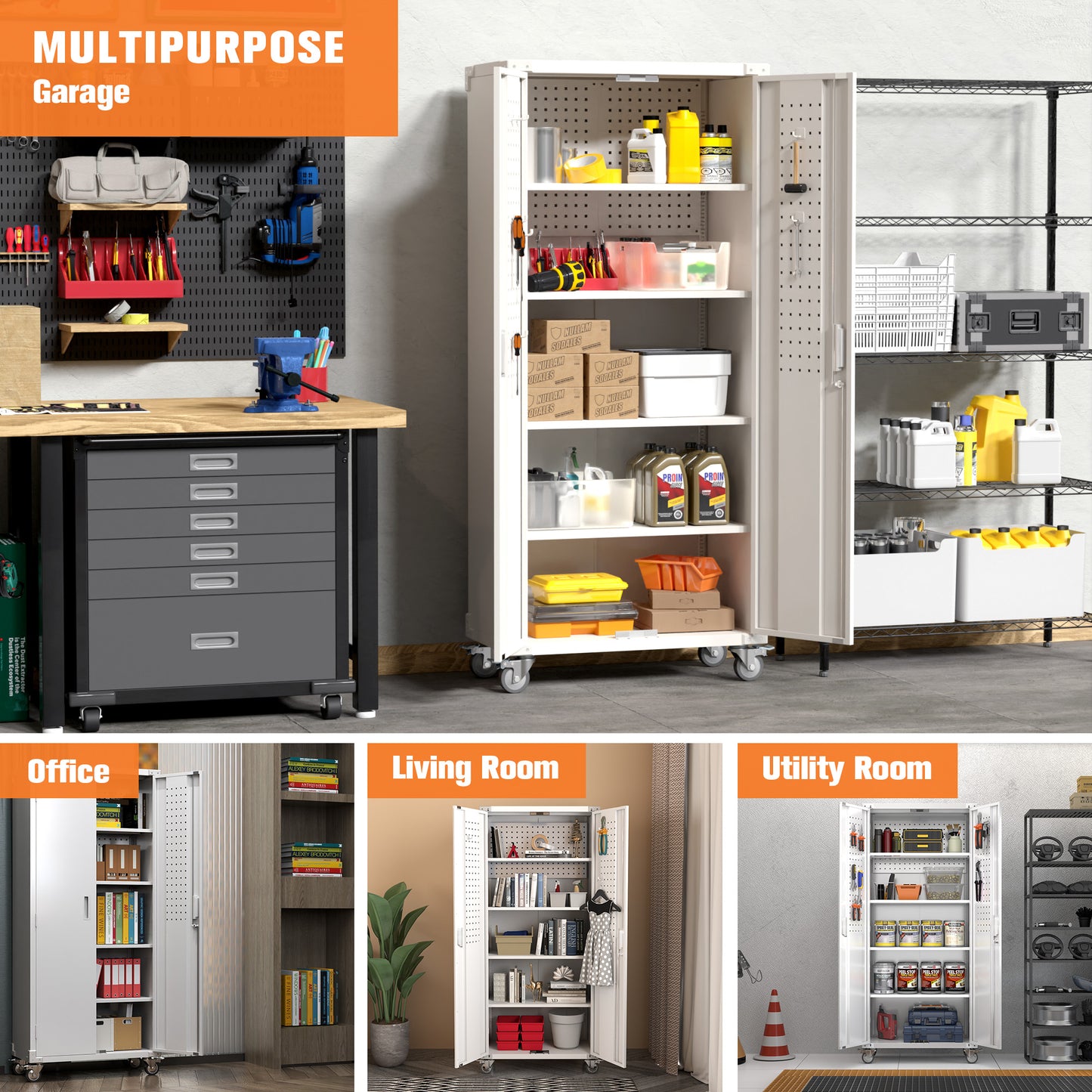 Metal Garage Cabinets with Wheels, 72" Rolling Storage Cabinet with Pegboards and Shelves, Tall Tool Cabinet with Locking Doors for Garage,Home Office,Warehouse(White)