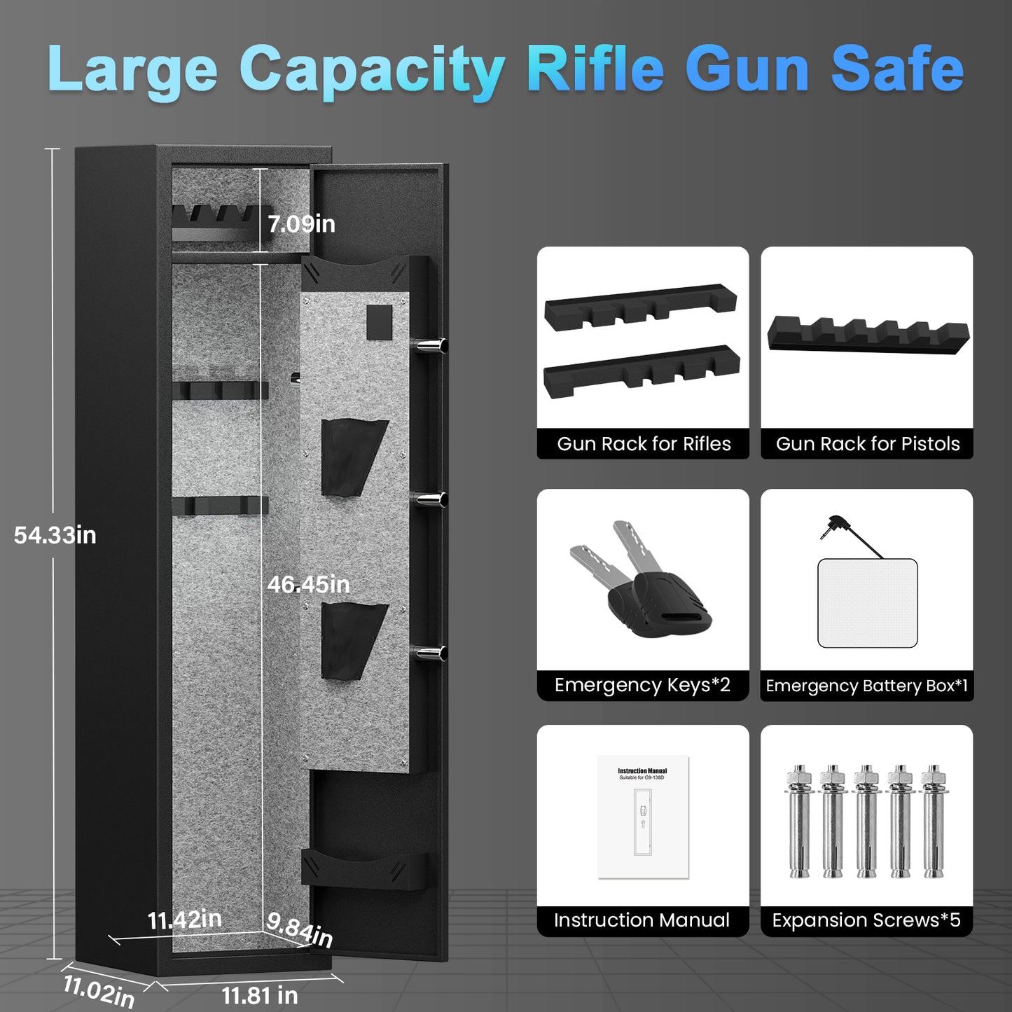 BM-G9-138D Fireproof Gun Safe, 5-8 Gun Safe for Home Pistols, 57" Heavy Duty Large Gun Safe for and Shotgun with LCD Keypad, 2 Removable Shelves