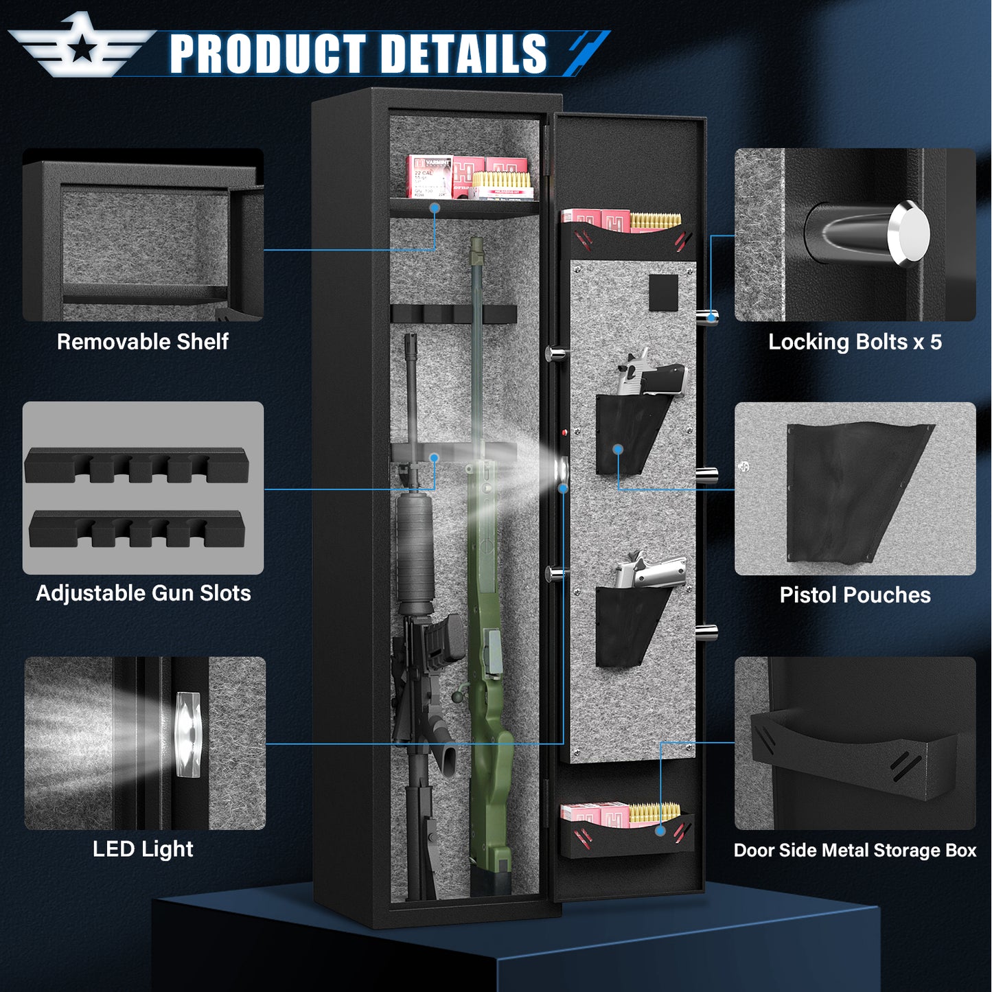 BM-GKM-132D 2-3 Gun Safe, Quick Access Long Gun Safe for Shotguns, Large Gun Safe for Home Pistols, Gun Safe with LED Light