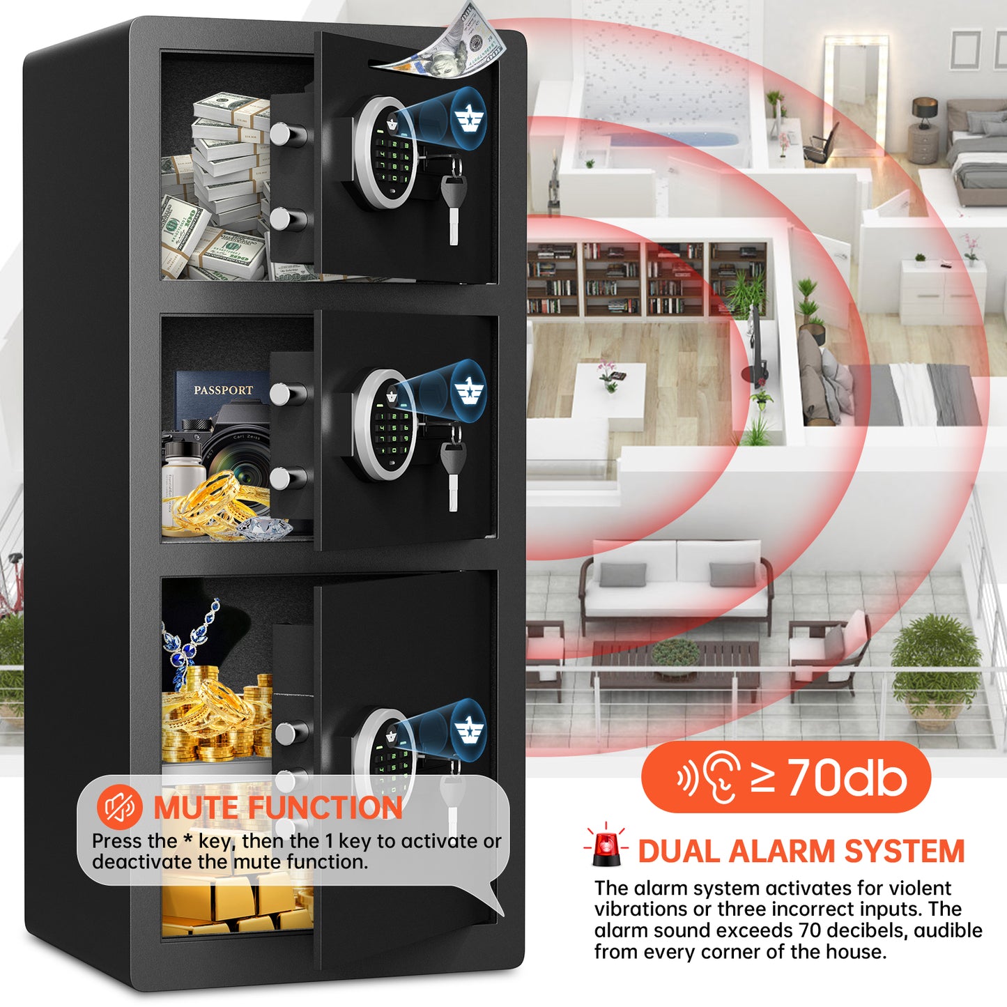 KAV-KM-90D 8.0 Cu ft Extra Large Home Safe Box Fireproof Waterproof with Triple Door, Digital Safe with Deposit Slot, Key Hook & Adjustable Shelf