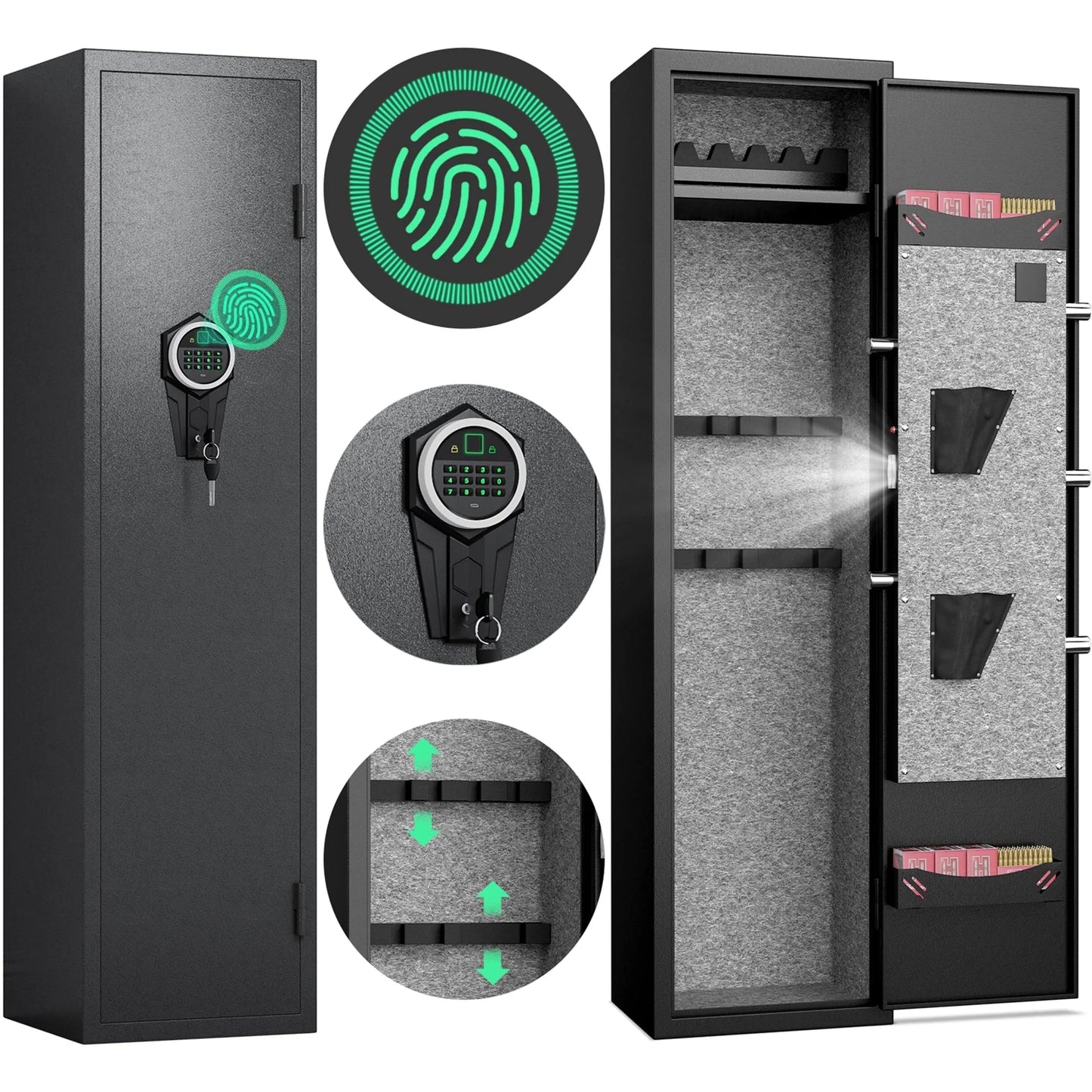 Riflevault 2-3 Biometric Fingerprint Gun Safe for Guns and Pistols, Quick Access Gun Safe with Silent Mode and Alarm System, Gun Cabinet with Removable Shelf and 2 Adjustable Gun Slots