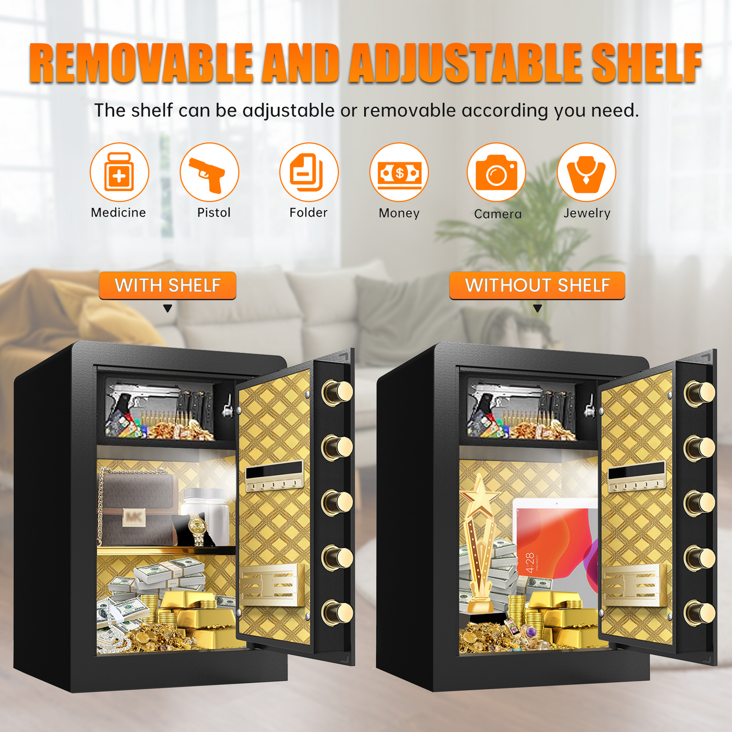 BM 6.0 Cuft Large Home Safe Fireproof Waterproof, Anti-Theft Money Safe Box with Removable Shelf & Dual Alarm System, Digital Security Document Safe for Home Business Office, Gold