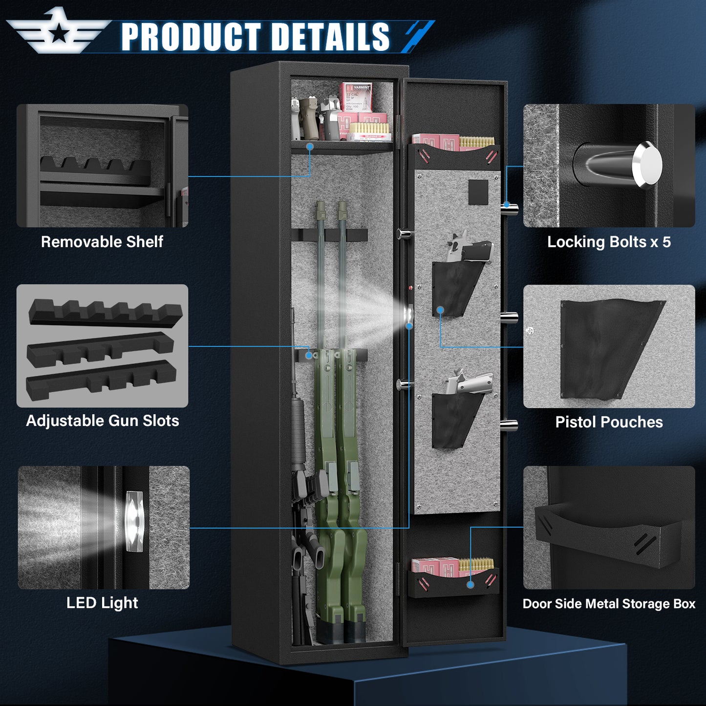 BM-GKM-138W-3-5 Gun Safe, Quick Access Biometric Fingerprint Gun Safe for Pistols, Gun Safe with Silent Mode and Alarm System, Gun Cabinet with Removable Shelf and 3 Adjustable Gun Slots