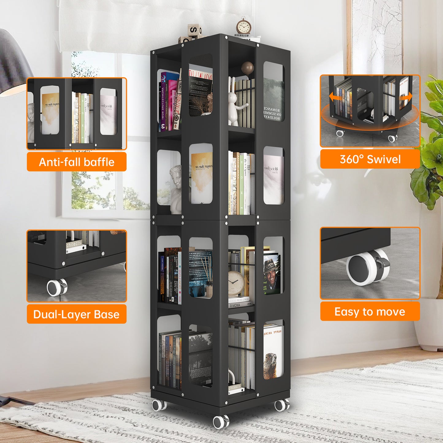 Silkight Book Shelf, 4 Tier All-Steel Rotating Bookshelf with 360° Wheels, Large Size Shelves Corner Book Shelf for Kids Rooms,Easy Assembly