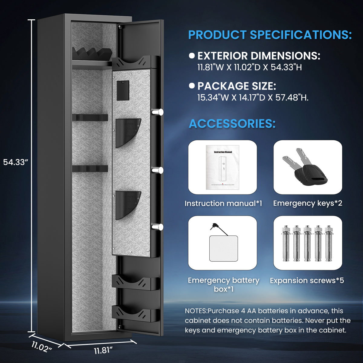HK G3Q-138W 4-5 Gun Safe, 54'' Biometric Gun Safe with Touchscreen Keypad and Removable Shelf, Quick Access Gun Cabinet with Dual Alarm and Mute Mode for Pistols