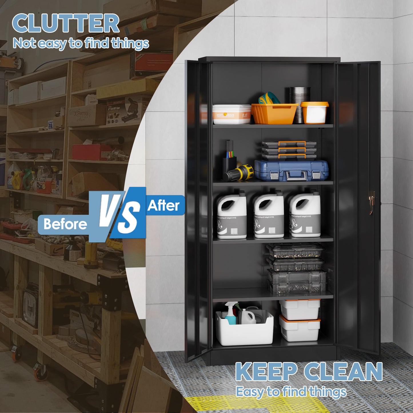 Metal Cabinet, 72” Black Tool Steel Locking Cabinet with Doors and 4 Shelves, Tall Cabinets for Garage Storage Systems Lockable File Cabinet for Home Office, Classroom/Pantry