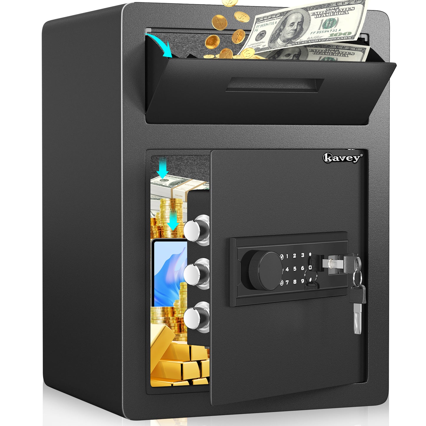 KAV 2.6 Cub Fireproof Drop Safe, Safe with Drop Slot, Drop Slot Safes with Front Load Drop Box and Digital Touch Screen Keypad, Heavy Duty Money Safe Box for Business Office Home