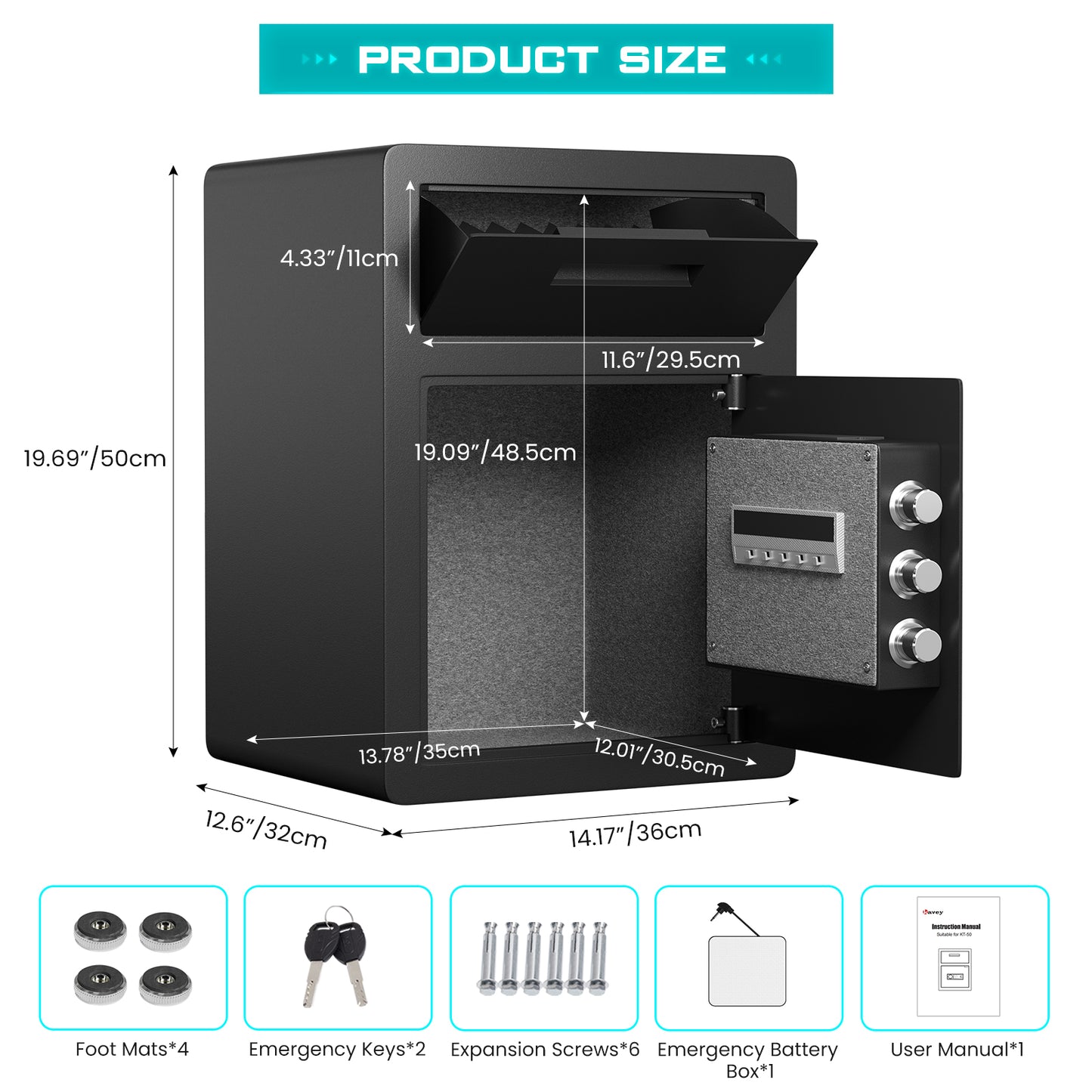 KAV 2.6 Cub Fireproof Drop Safe, Safe with Drop Slot, Drop Slot Safes with Front Load Drop Box and Digital Touch Screen Keypad, Heavy Duty Money Safe Box for Business Office Home
