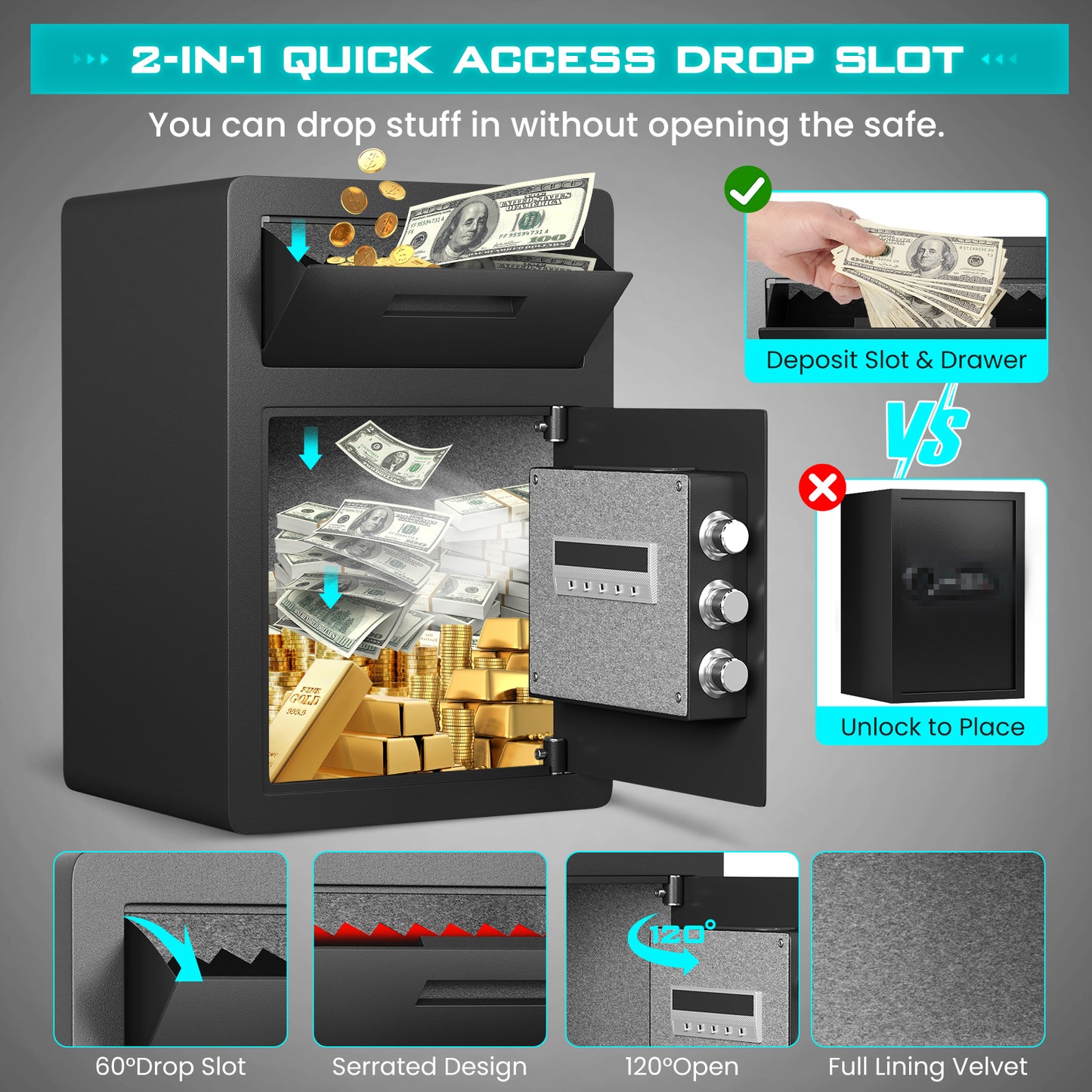 KAV 2.6 Cub Fireproof Drop Safe, Safe with Drop Slot, Drop Slot Safes with Front Load Drop Box and Digital Touch Screen Keypad, Heavy Duty Money Safe Box for Business Office Home