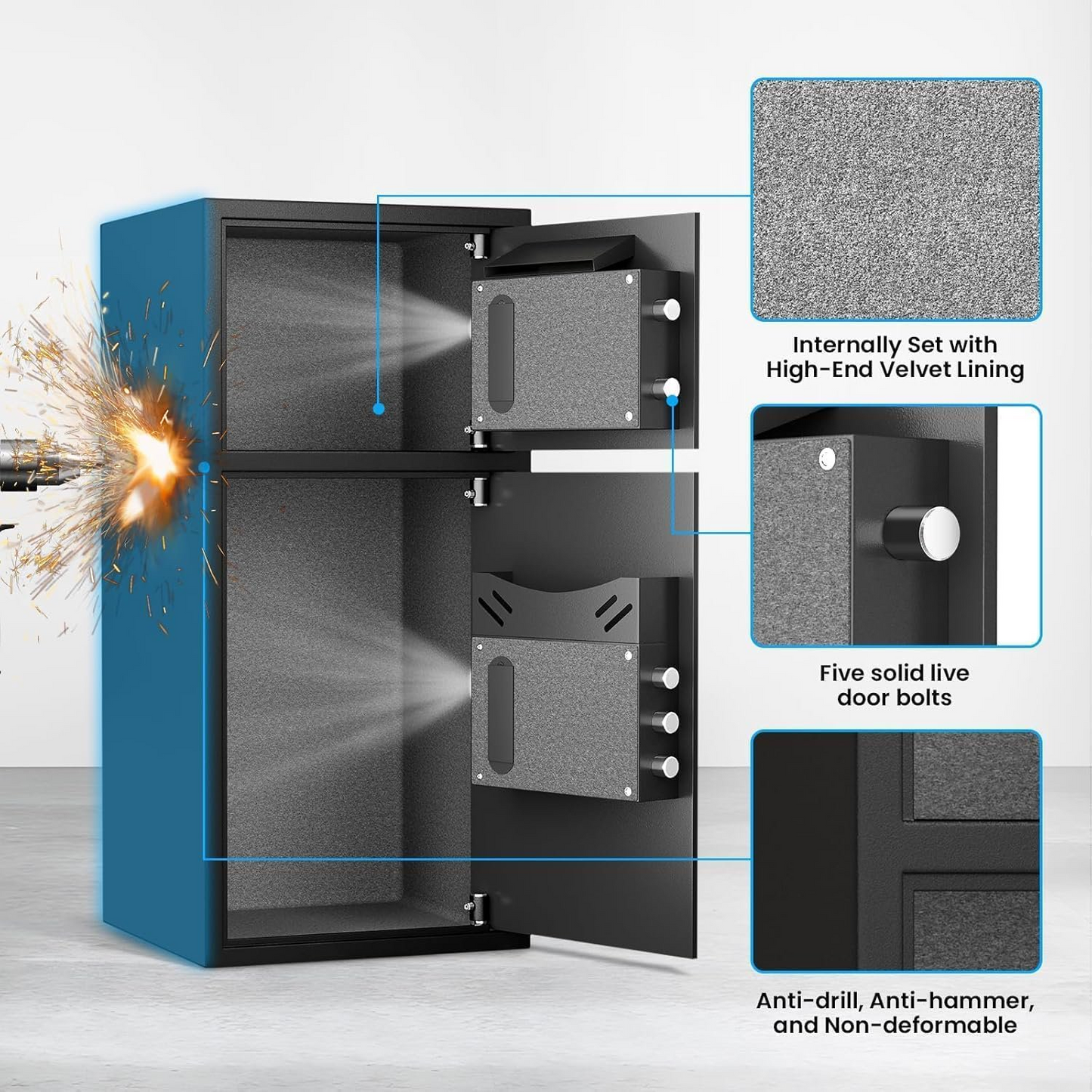 6.5 Cuft Large Fire Safe Home, with silent function and LED lights, numeric keypad home safe with deposit slot and dual alarm system, Anti-Theft Fire Safe Box for Home Office