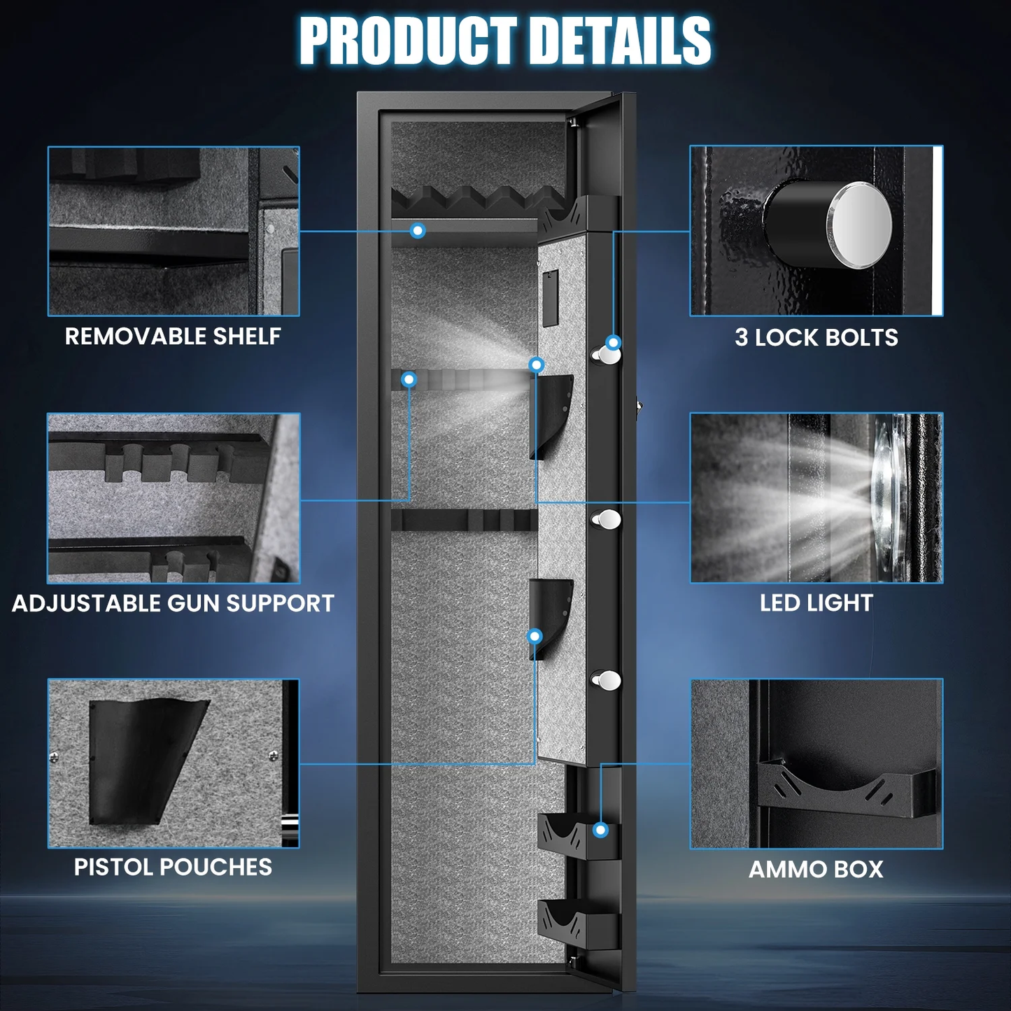Biometric Gun Safe, 5-7 Gun Fingerprint Gun Safes for Home Guns and Shotguns, Quick Access Long Gun Safe for Home with LCD Keypad,LED Light, 3 Adjustable Racks,Ammo Box
