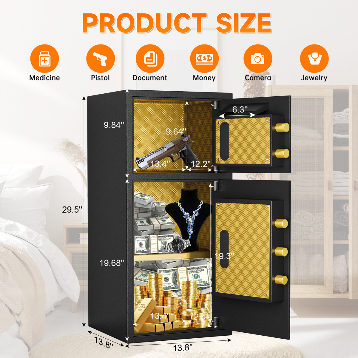 BM 6.5 Cuft Double-Door Large Home Safe Fireproof Waterproof, Anti-Theft Money Safe Box with Removable Shelf & Dual Alarm System, Digital Security Document Safe for Home Business Office, Gold