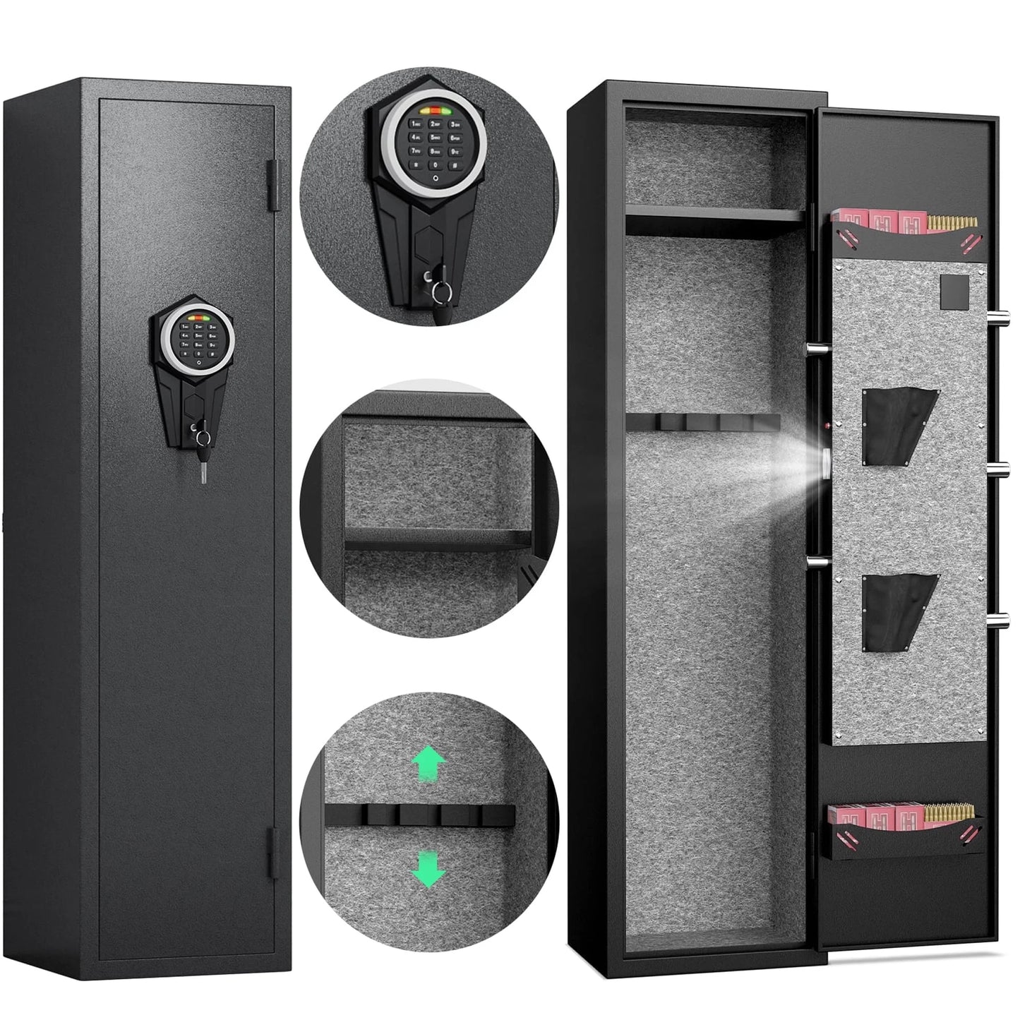 Riflevault 2-3 Biometric Fingerprint Gun Safe for Guns and Pistols, Quick Access Gun Safe with Silent Mode and Alarm System, Gun Cabinet with Removable Shelf and 2 Adjustable Gun Slots