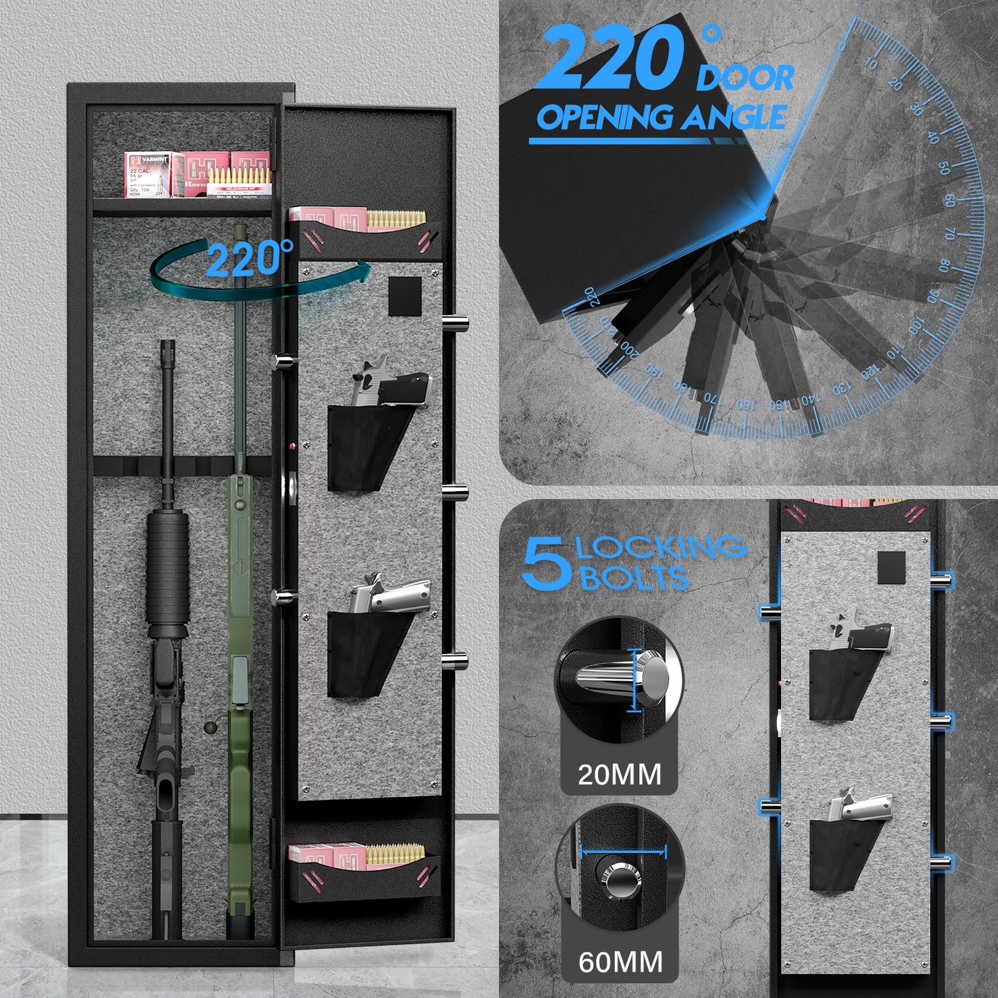 BM-GKL-120D 1-2 Gun Safe for Pistols, Quick Access Gun Safe with Silent Mode and Alarm System, Gun Cabinet with Removable Shelf and Adjustable Gun Slots