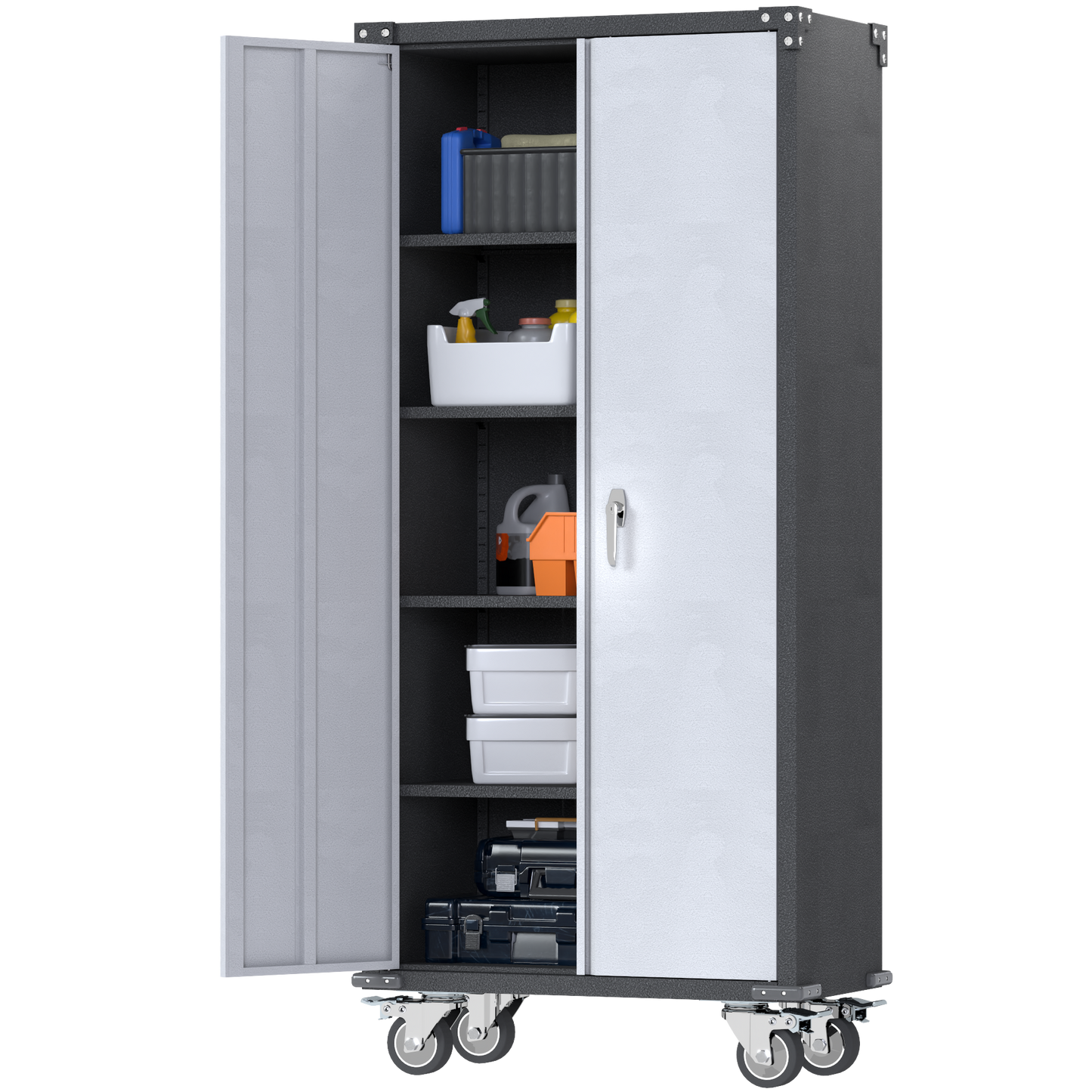 Metal Garage Storage Cabinet on Wheels, Double Handle Lock Steel Storage Cabinet with 2 Doors, 4 Shelves Adjustable Black, Assembly Required