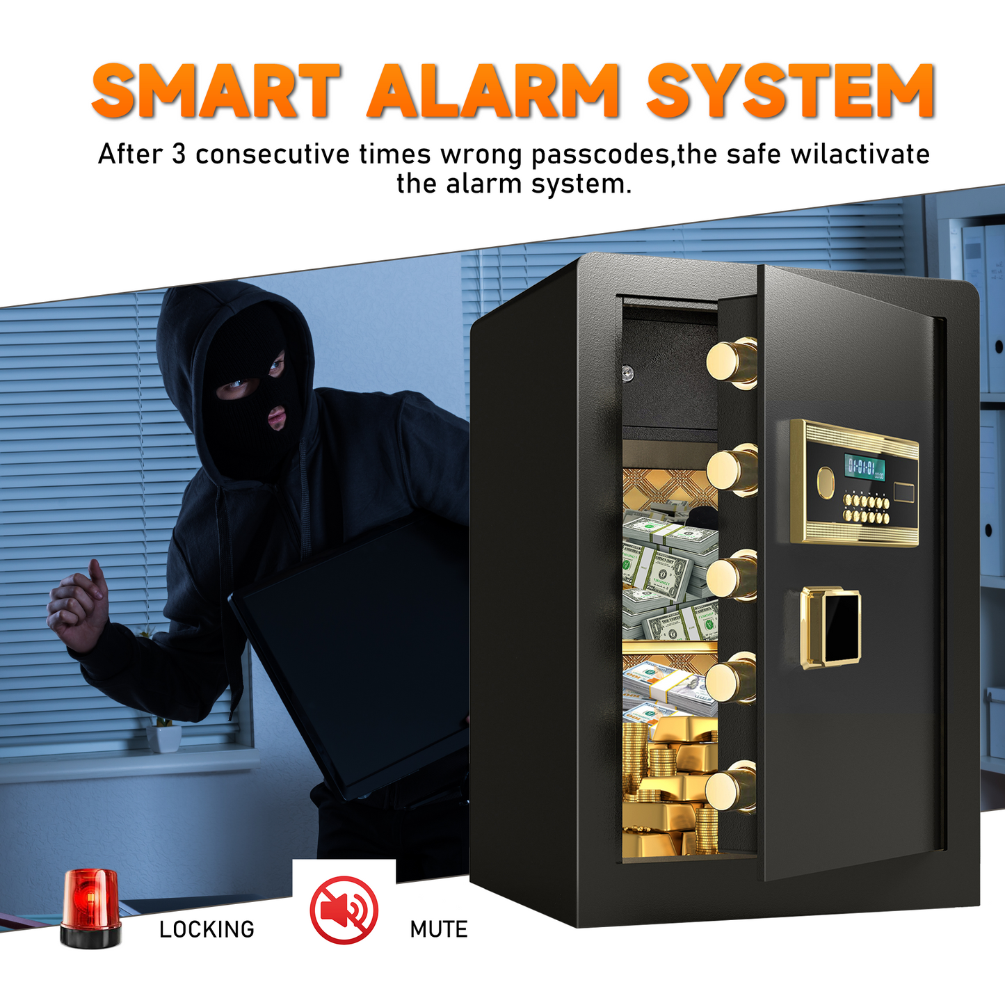 BM 5.5 Cuft Large Home Safe Fireproof Waterproof, Anti-Theft Money Safe Box with Removable Shelf & Dual Alarm System, Digital Security Document Safe for Home Business Office, Gold