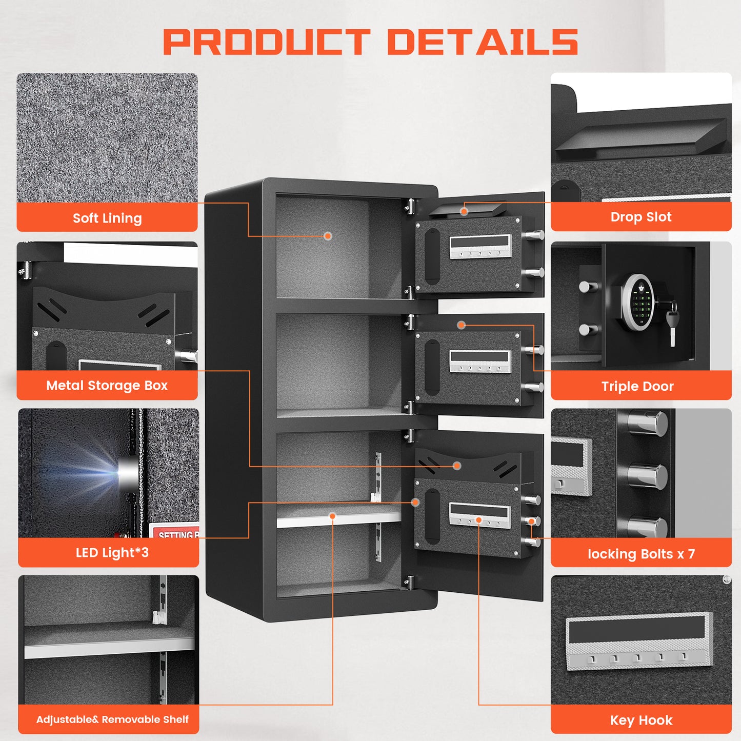 KAV-KM-90D 8.0 Cu ft Extra Large Home Safe Box Fireproof Waterproof with Triple Door, Digital Safe with Deposit Slot, Key Hook & Adjustable Shelf