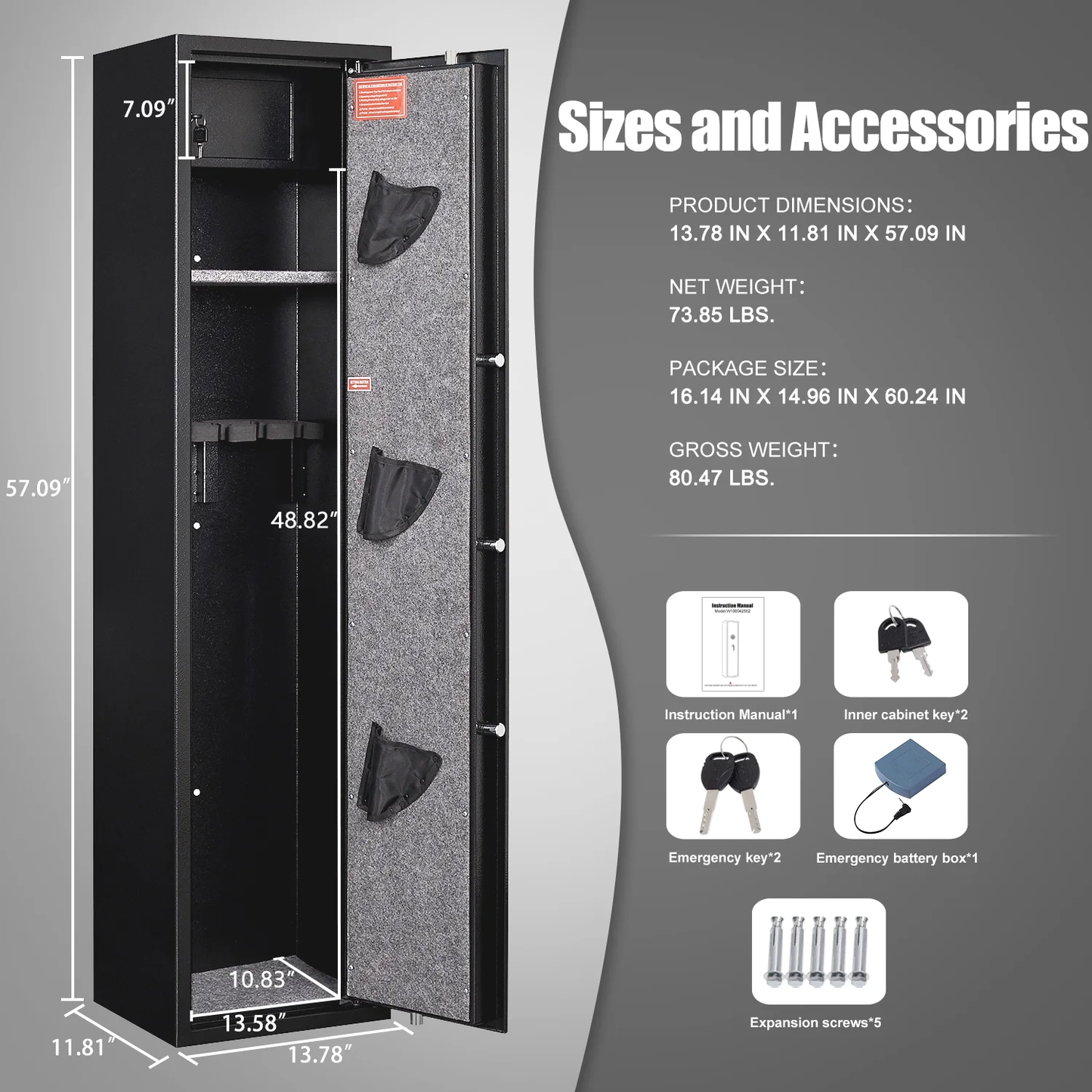 Karbeen Biometic Gun Safe, 57" Quick Access 5-8 Fireproof Gun Safe , Fingerprint Gun Safe for with LED Light, Mute Function and Dual Alarm System