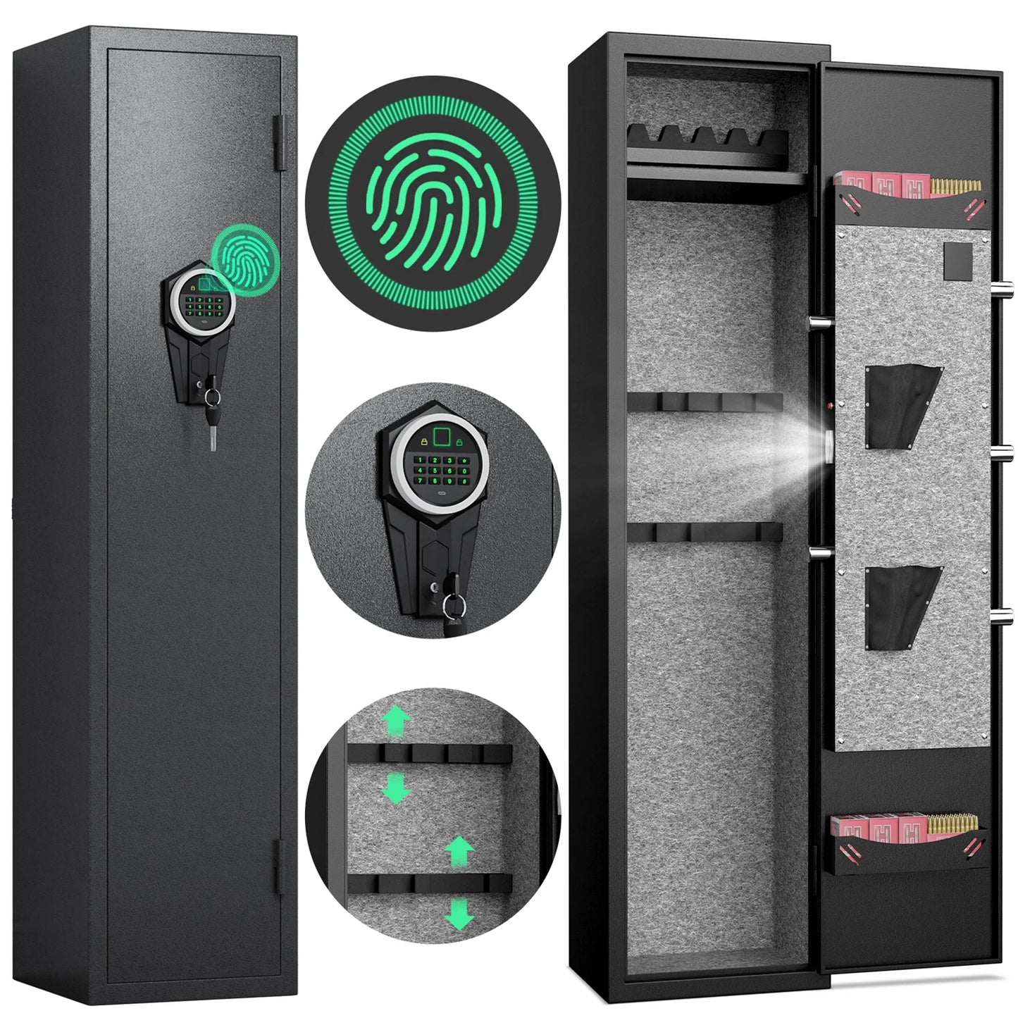 Riflevault 2-3 Biometric Fingerprint Gun Safe for Guns and Pistols, Quick Access Gun Safe with Silent Mode and Alarm System, Gun Cabinet with Removable Shelf and 2 Adjustable Gun Slots