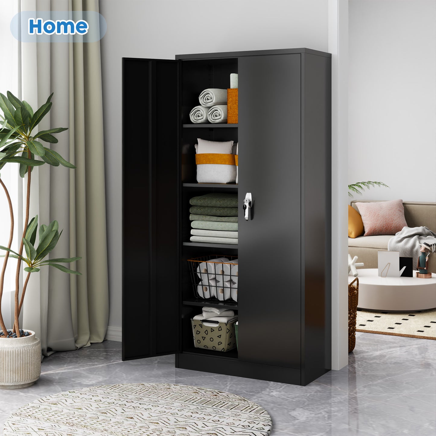 Metal Cabinet, 72” Black Tool Steel Locking Cabinet with Doors and 4 Shelves, Tall Cabinets for Garage Storage Systems Lockable File Cabinet for Home Office, Classroom/Pantry