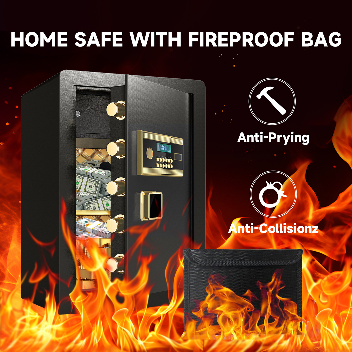 BM 5.5 Cuft Large Home Safe Fireproof Waterproof, Anti-Theft Money Safe Box with Removable Shelf & Dual Alarm System, Digital Security Document Safe for Home Business Office, Gold