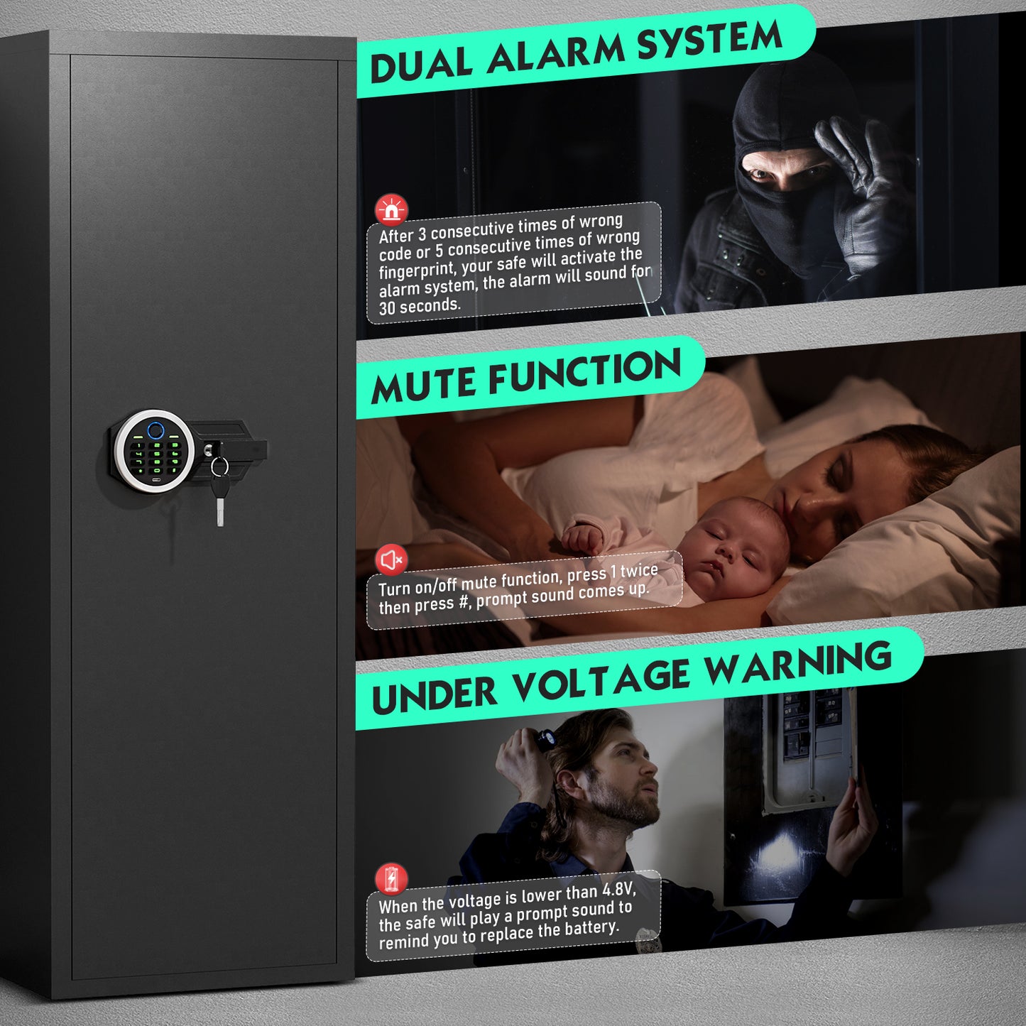6-8 Biometric Gun Safe, Quick Access Unassembled Gun Cabinet with Silent Mode and Dual Alarm System, Gun Safe for Rifles and Pistols, Rifle Safe with Magnetic Gun Slots and Magnetic Induction Light