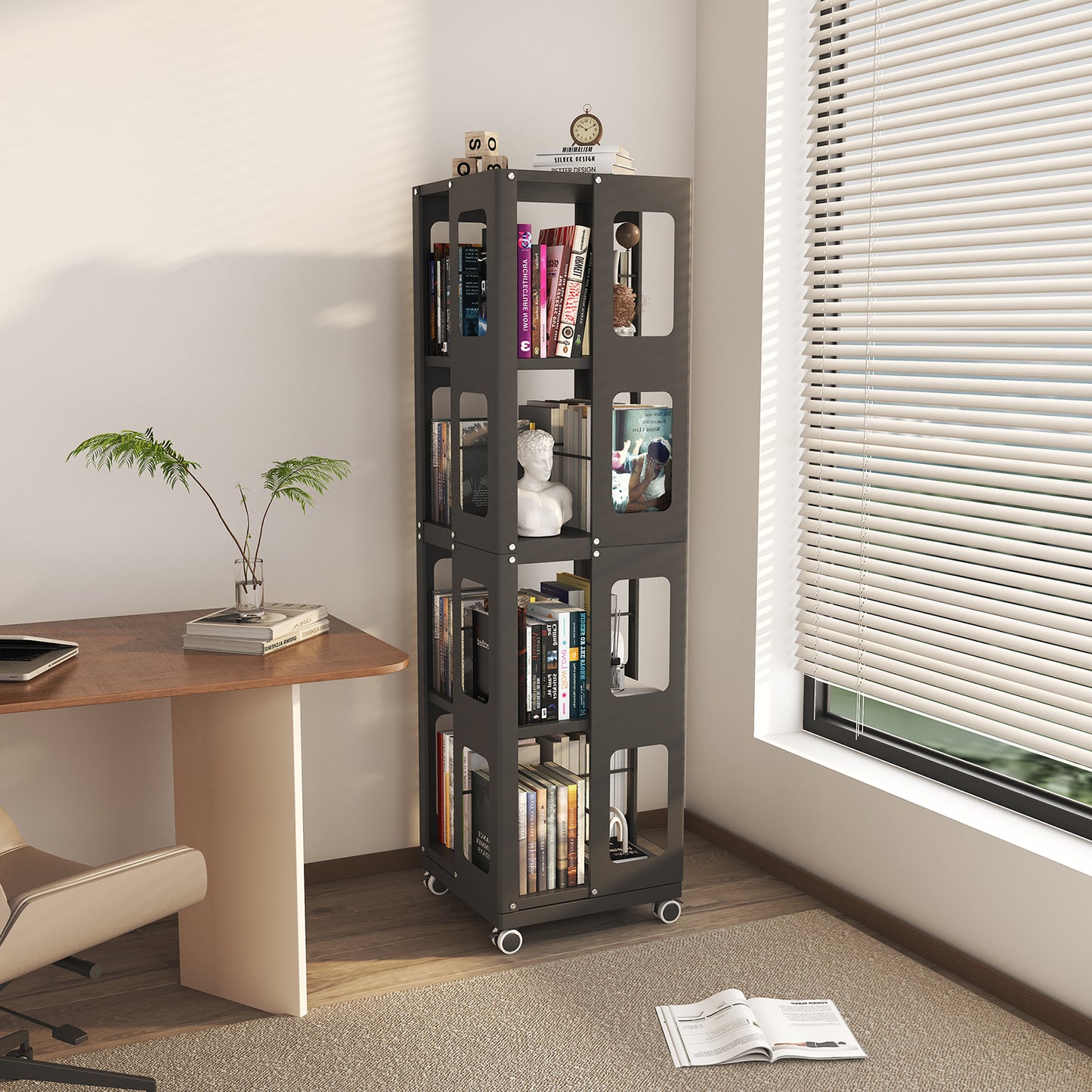 Silkight Book Shelf, 4 Tier All-Steel Rotating Bookshelf with 360° Wheels, Large Size Shelves Corner Book Shelf for Kids Rooms,Easy Assembly