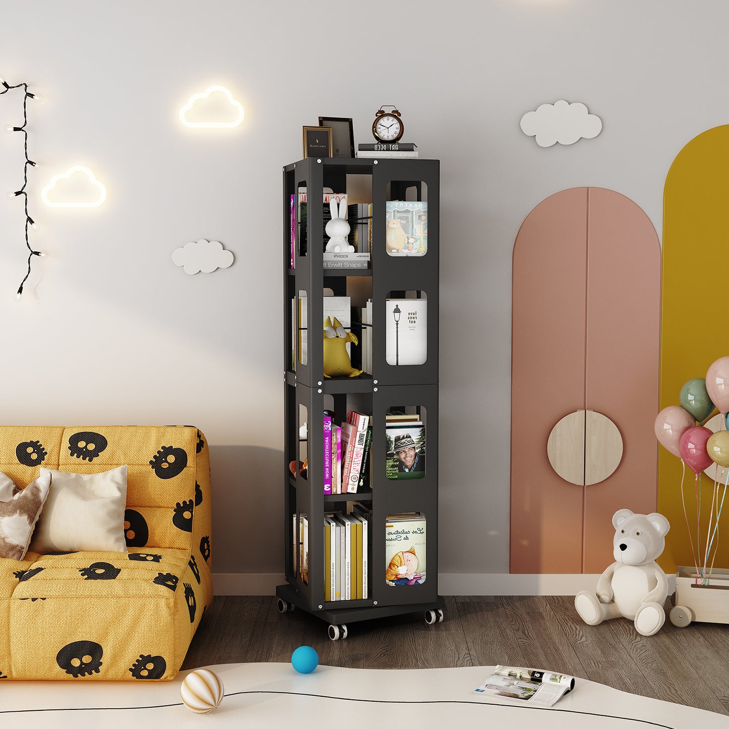 Silkight Book Shelf, 4 Tier All-Steel Rotating Bookshelf with 360° Wheels, Large Size Shelves Corner Book Shelf for Kids Rooms,Easy Assembly