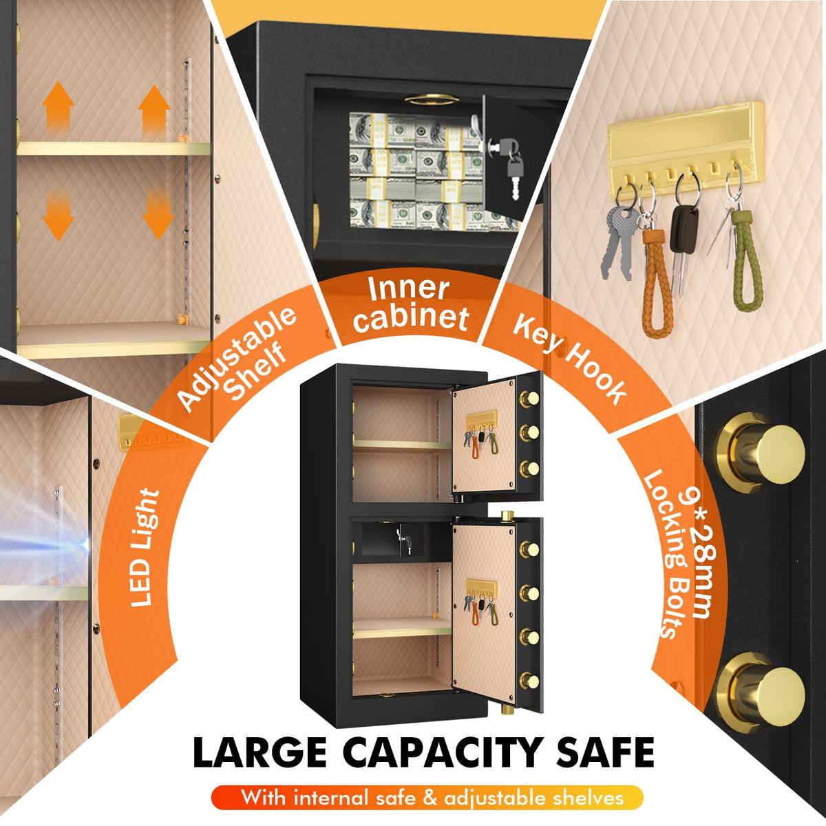 Kavey 59" Extra Large Safe Box for Home Office, 17.6 Cu.Ft Heavy Duty Steel Cabinet Safe with 9 Locking Bolts, Tall Safes with Alarm System, LCD Screen and Inner Cabinet for Jewelry Money Documents - image 7