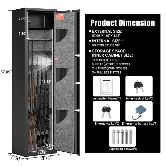 5-8 Rifle Gun Safe, Large Gun Safes & Cabinets, 57" Quick Access Gun Safe for Home Rifles and Pistols, Heavy Gun Cabinet for Rifles and Shotguns with LCD Backlit Keypad & Dual Alarm System - image 2