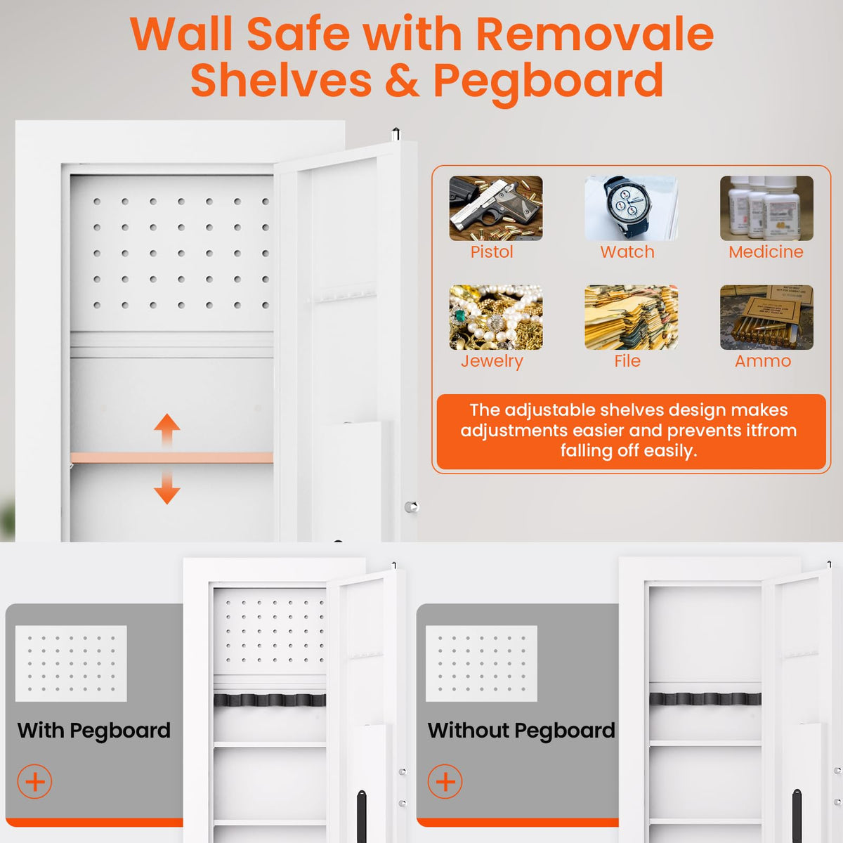 kavey 47.24" Wall Safe Between the Studs, Hidden Safe with Pegboard & LCD Keypad, Digital In Wall Gun Safe with 3 Removable Shelves, Magnetic Gun Slot, In Wall Safe (White-Digital) - image 3
