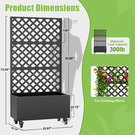 Metal Planter Box with Trellis, 72”Metal Raised Garden Bed with Trellis, Outdoor Planter Box with Privacy Screen, Trellis Plante Box with Drainage Holes & Lockable Casters for Climbing Plants, Flowers - image 2