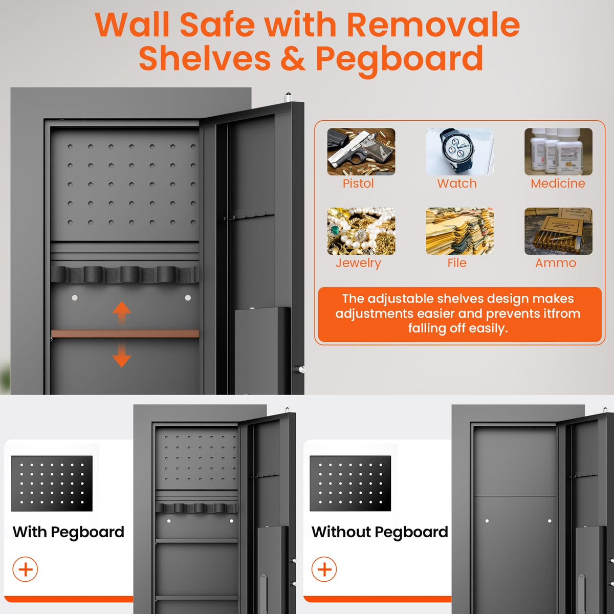 47.24" Wall Safe Between the Studs, Hidden Safe with Pegboard & LCD Keypad, Digital In Wall Gun Safe with 3 Removable Shelves, Magnetic Gun Slot, In Wall Safe (Black-Digital) - image 3