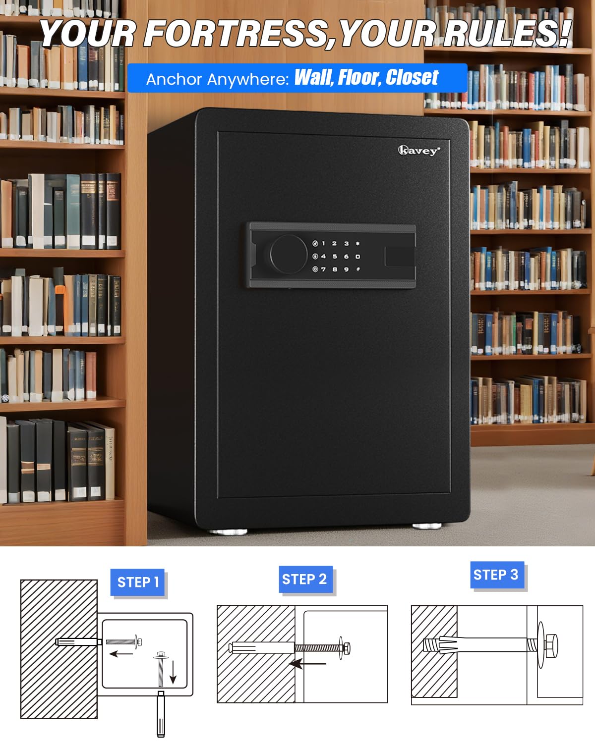 Kavey 2.5 Cub Safe Box, Large Home Safe with Fireproof Waterproof Bag, Security Safes with Backlit Touch Screen Keypad, Dual Alarm System and Mute Function for Home Office 13"D x 14.96"W x 21.65"H - image 6