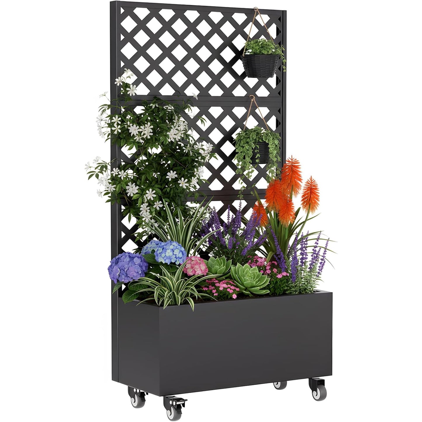 OME-F-183B 72"x36"x16" Metal Planter with Trellis, Raised Garden Bed with Trellis and Wheels, Planter Box with Privacy Screen for Climbing Plants, Flowers, Vegetables, Fruits