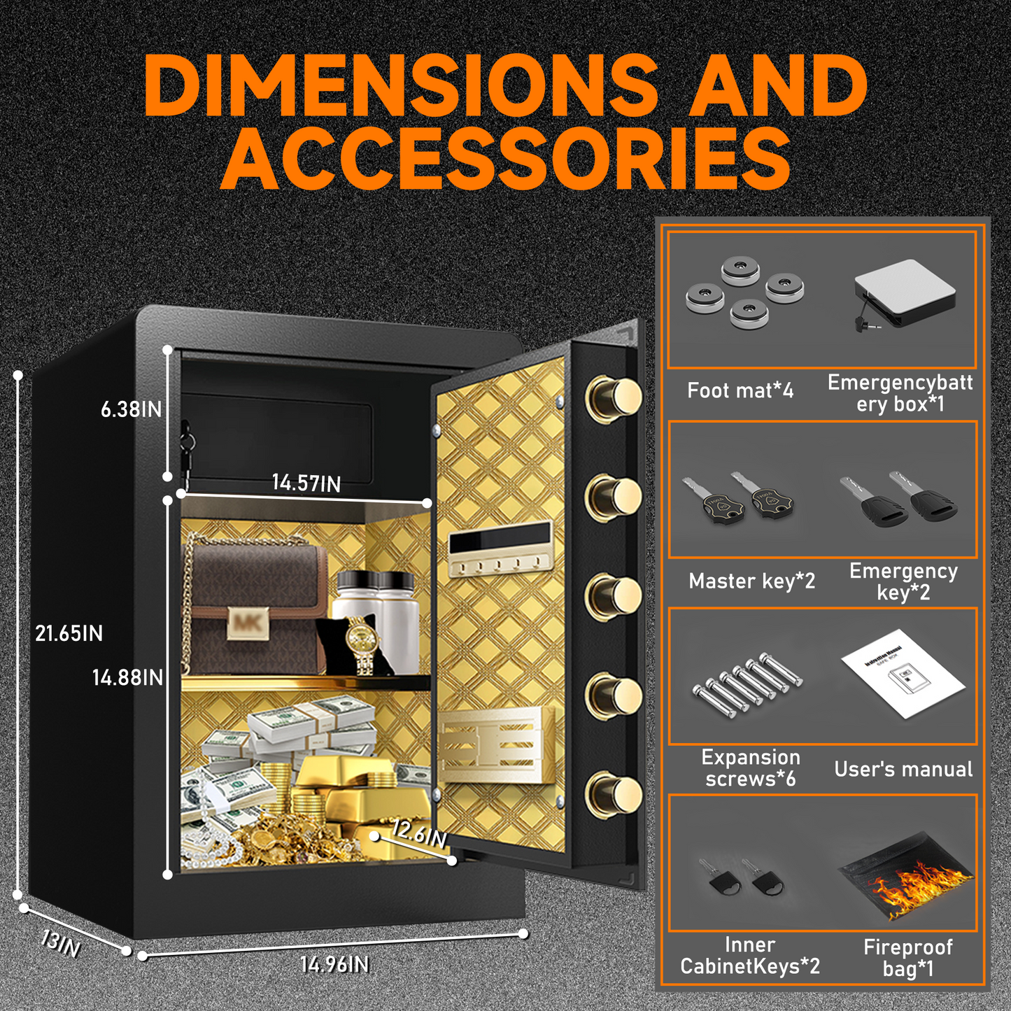 BM 5.5 Cuft Large Home Safe Fireproof Waterproof, Anti-Theft Money Safe Box with Removable Shelf & Dual Alarm System, Digital Security Document Safe for Home Business Office, Gold