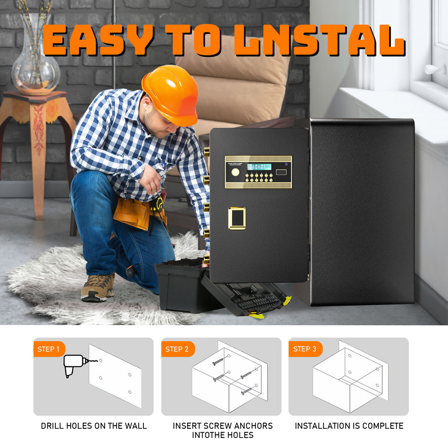 BM 5.5 Cuft Large Home Safe Fireproof Waterproof, Anti-Theft Money Safe Box with Removable Shelf & Dual Alarm System, Digital Security Document Safe for Home Business Office, Gold