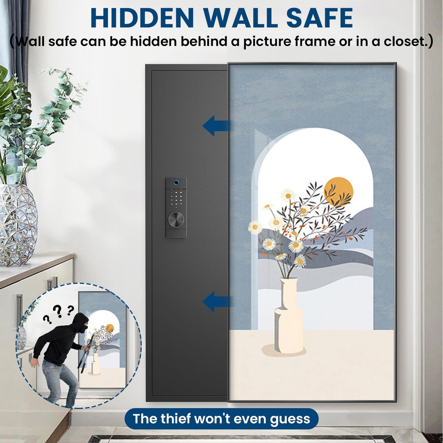 BM-KW-135HW 53.15" Wall Safe Between the Studs, Biometric Fingerprint Hidden Safe with Dual Alarm System and Silent Mode