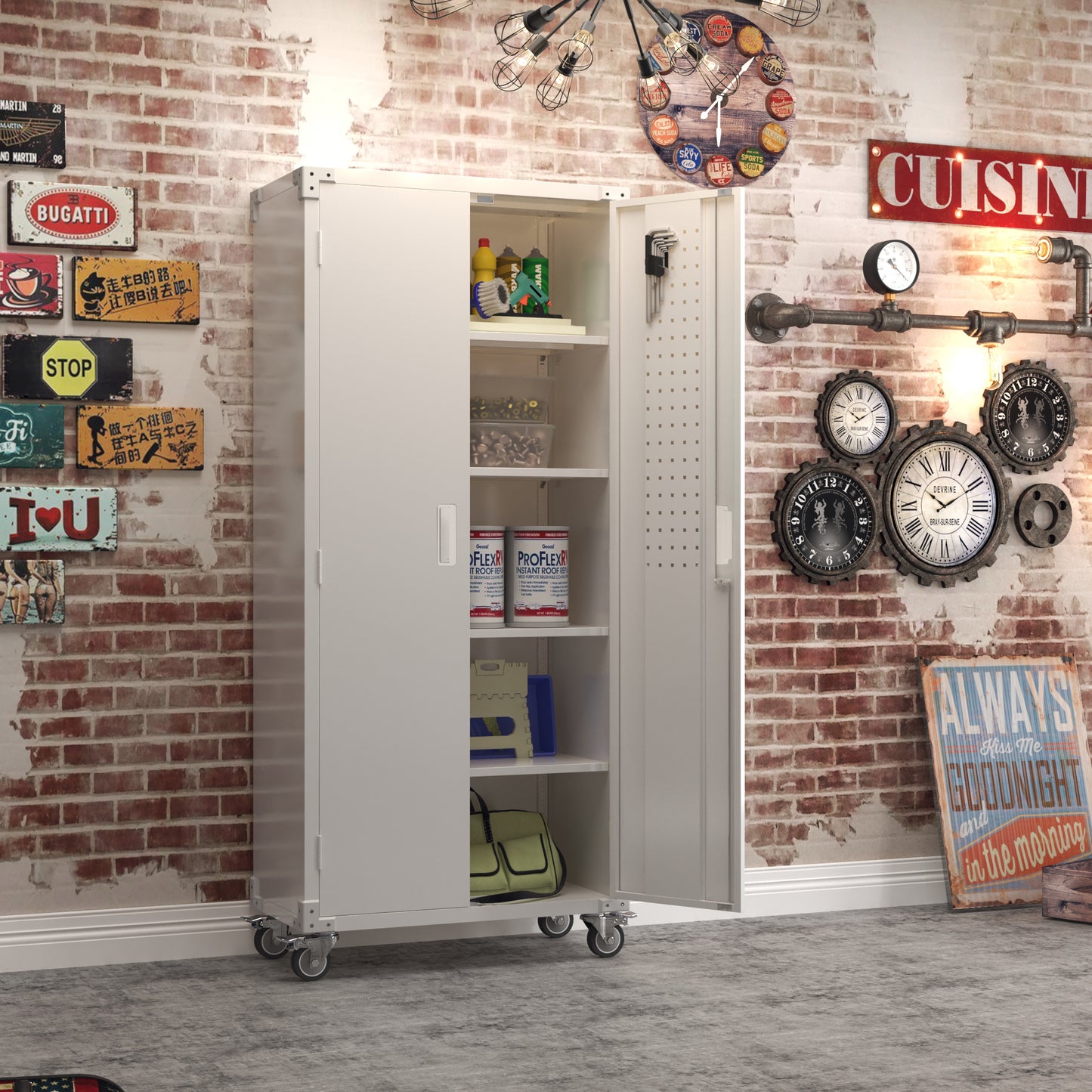 Metal Garage Cabinets with Wheels, 72" Rolling Storage Cabinet with Pegboards and Shelves, Tall Tool Cabinet with Locking Doors for Garage,Home Office,Warehouse(White)